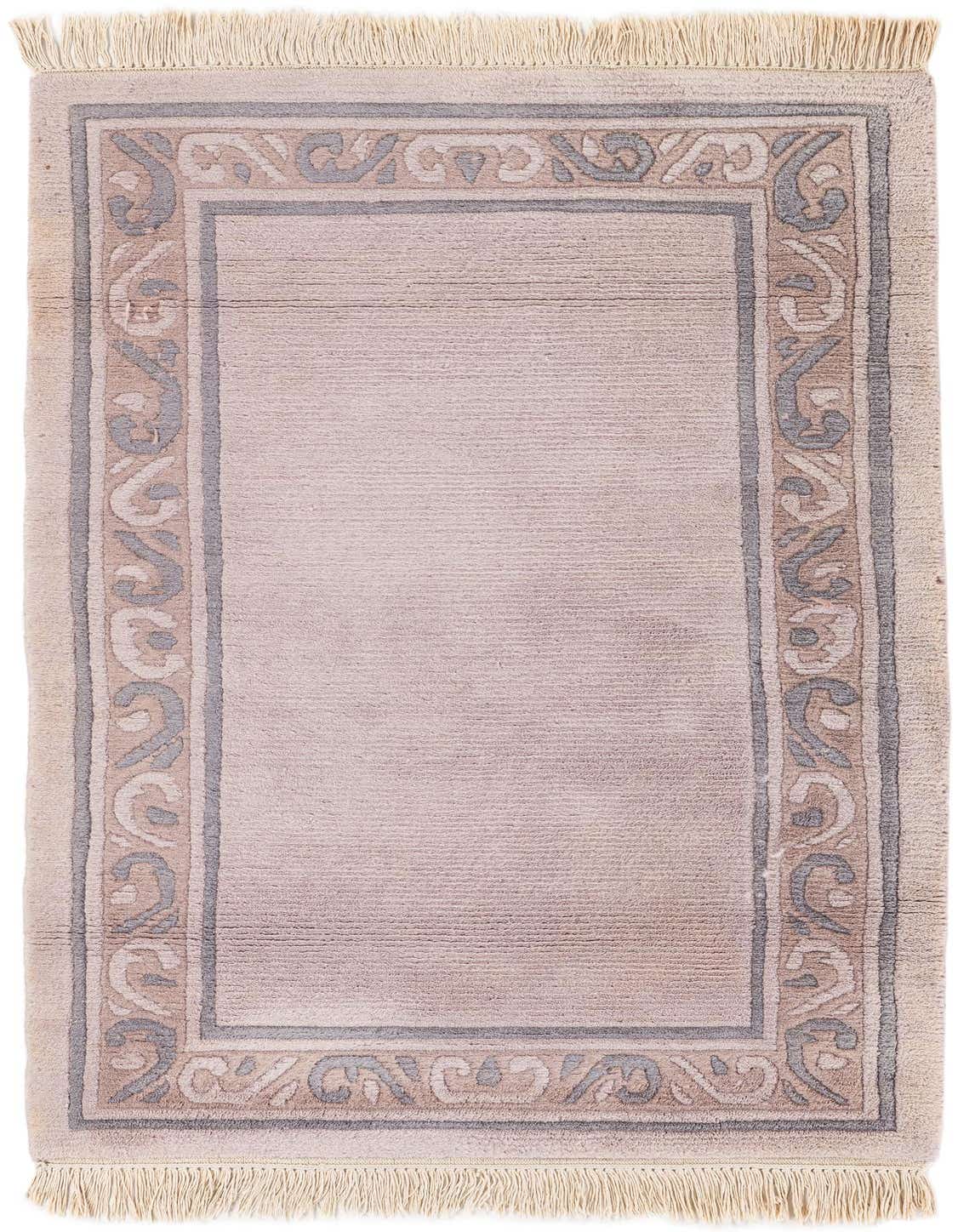 A 3x5 rectangular purple wool rug with a modern oriental border pattern and fringe, suitable for an entryway.