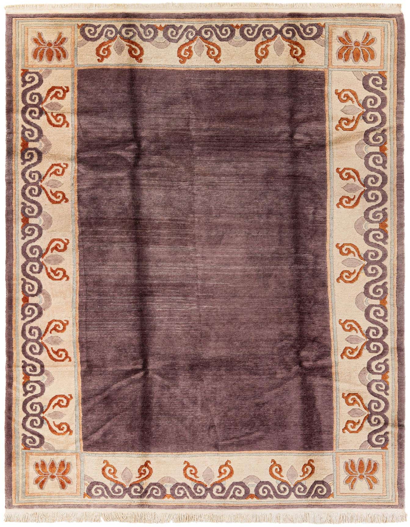 A 6x9 rectangular Tibet Collection wool rug featuring a deep purple field and an ornate beige border with abstract floral and scroll patterns in orange and grey.