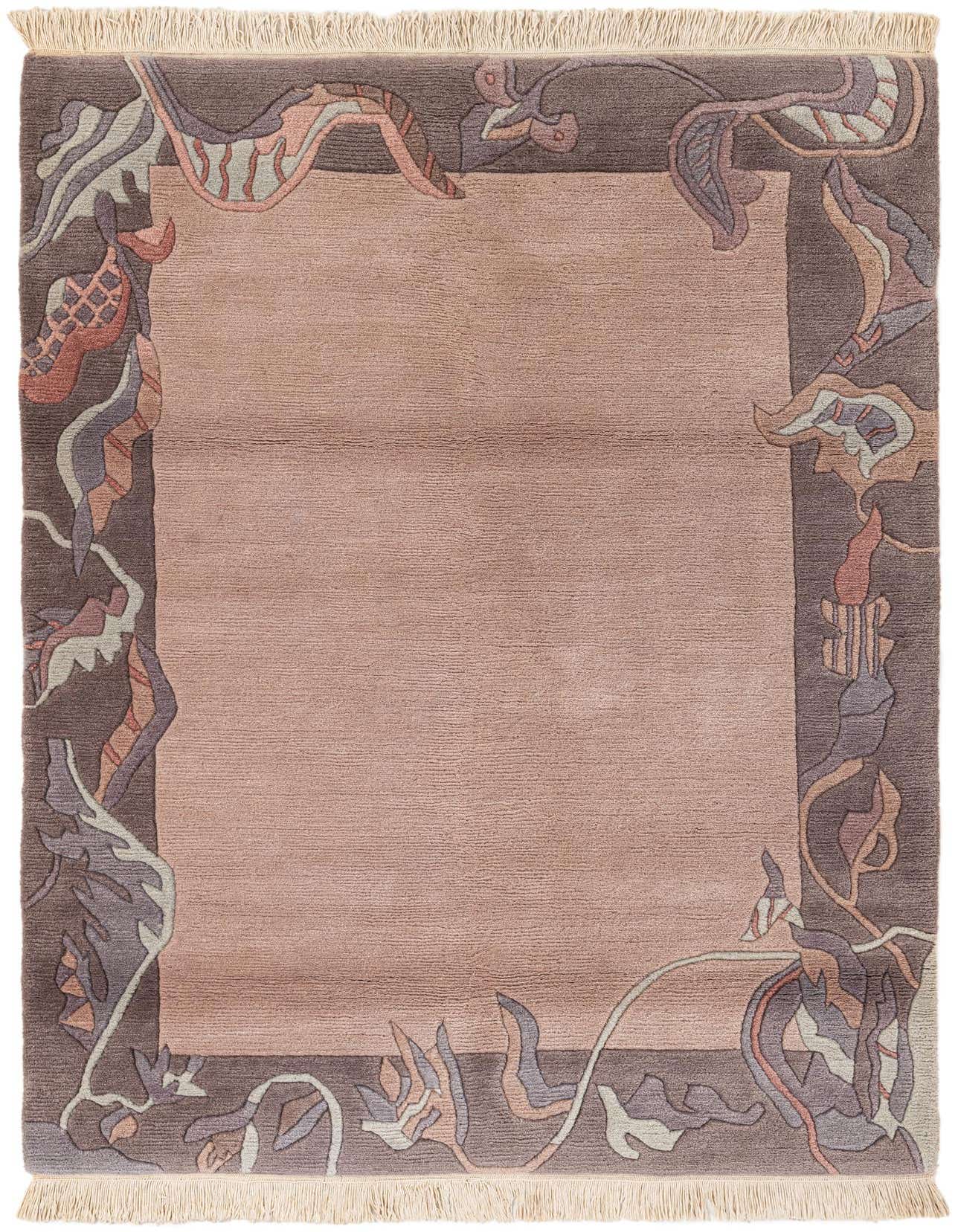 A 4x6 rectangular purple wool rug featuring a modern abstract floral border in shades of purple, grey, and peach.