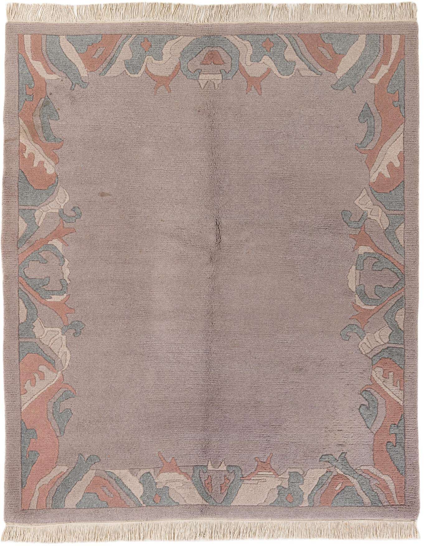 A 5x8 rectangular purple wool rug with a modern oriental abstract border in muted pink, blue, and cream.