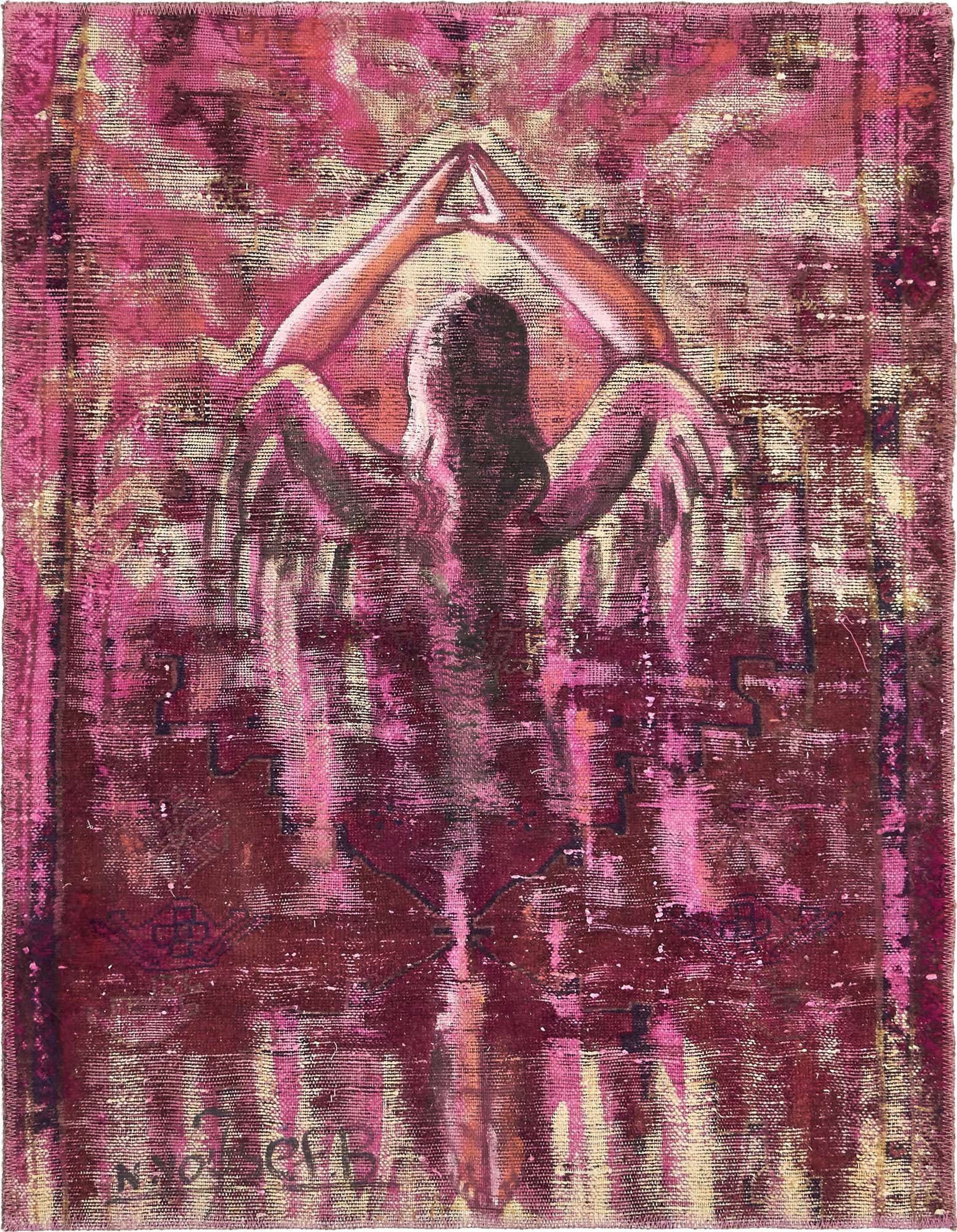 A 3x4 rectangular Ultra Vintage wool rug in shades of purple, featuring an abstract, faded Persian-style pattern with a central figure.