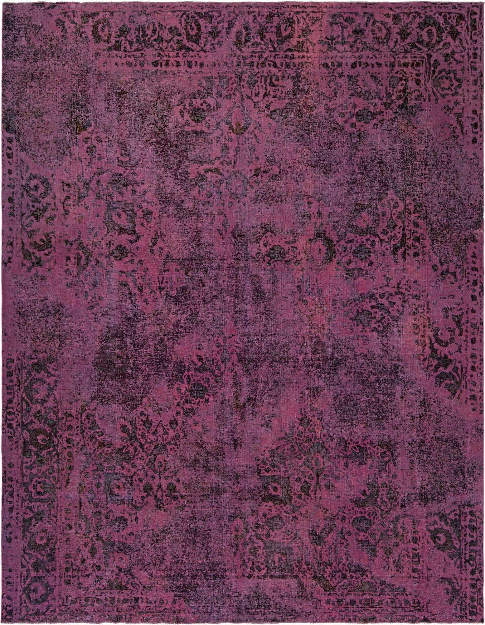A 9x12 rectangular purple Persian wool rug with a distressed, vintage-inspired floral pattern and border.