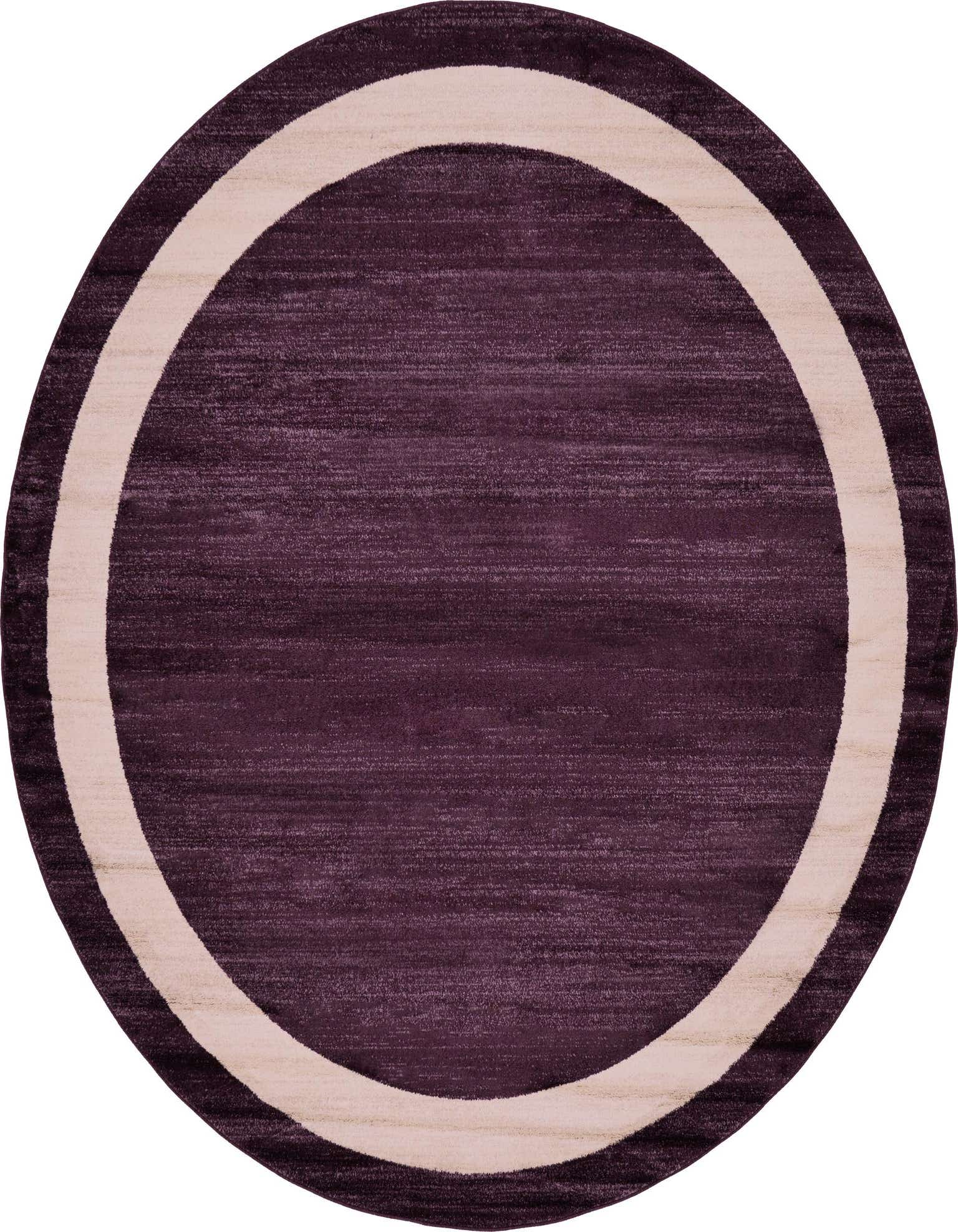 A 7' 10 round purple rug with a wide, light beige border, showcasing its contemporary design.
