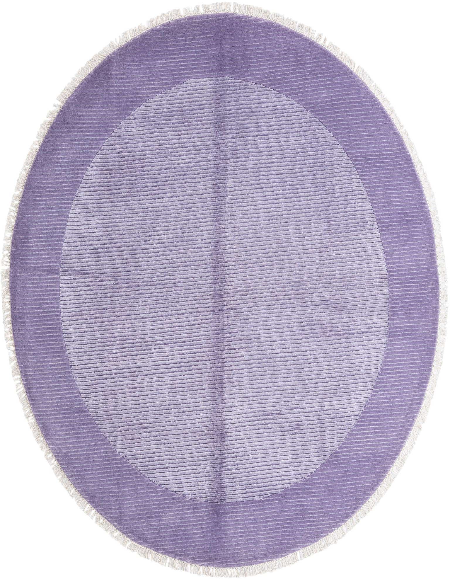A 6' 6 round purple wool rug with a subtle striped pattern and fringe, suitable for a modern living space.