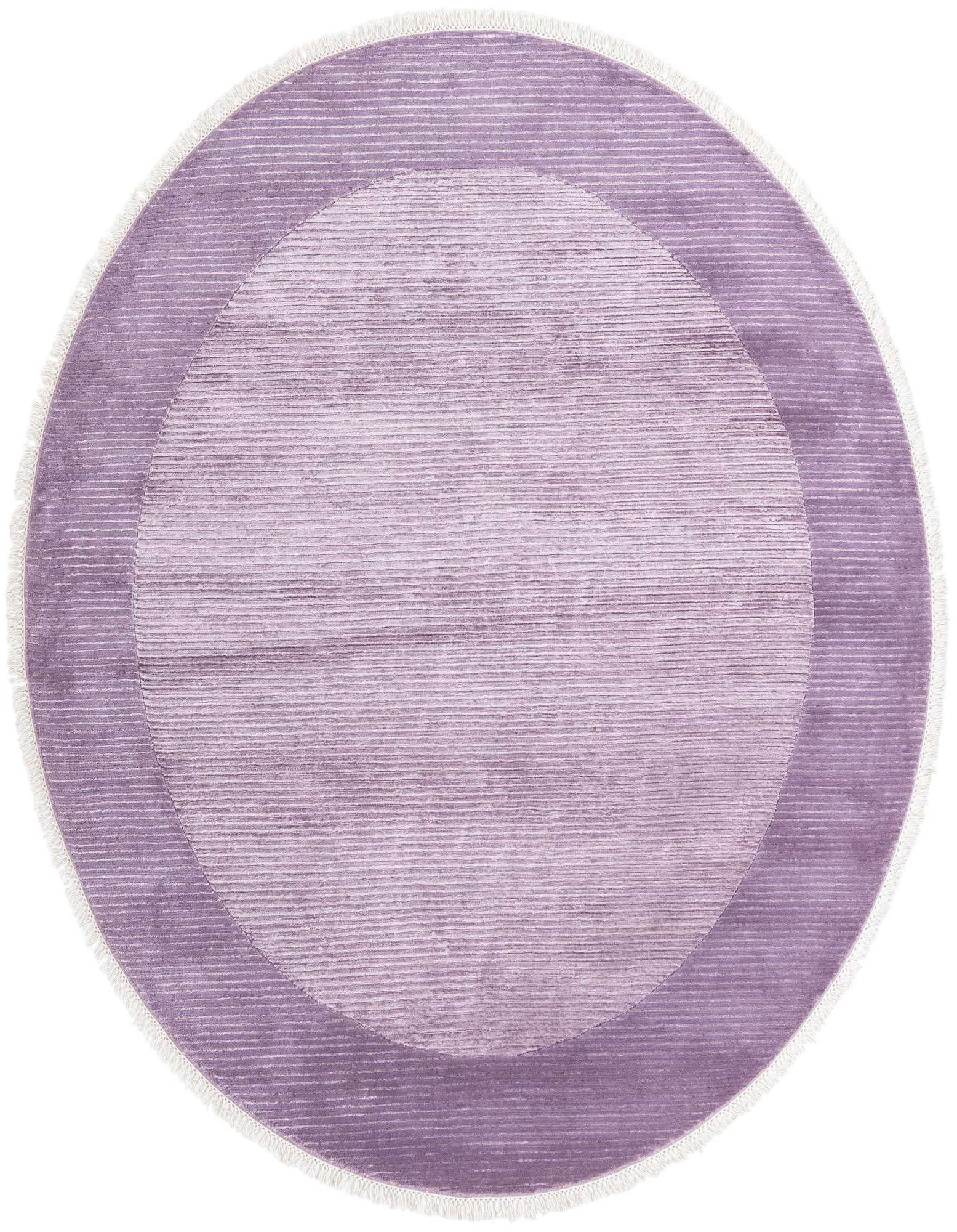A round 6' 6" purple wool rug with a subtle concentric circle pattern and fringed edges, suitable for a modern living room.