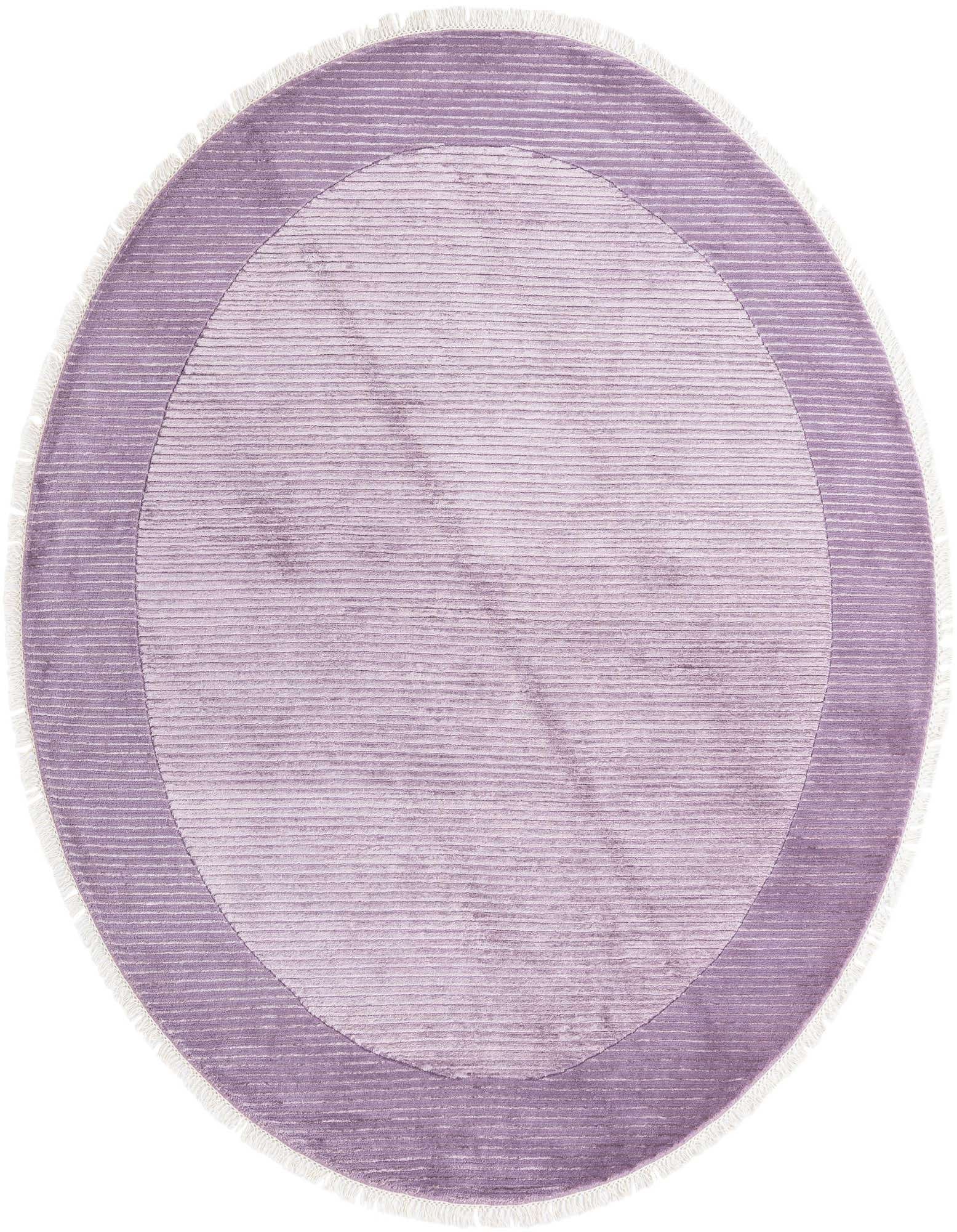 A 6' 5 x 6' 5 round purple wool rug with a modern oriental design and fringe border.