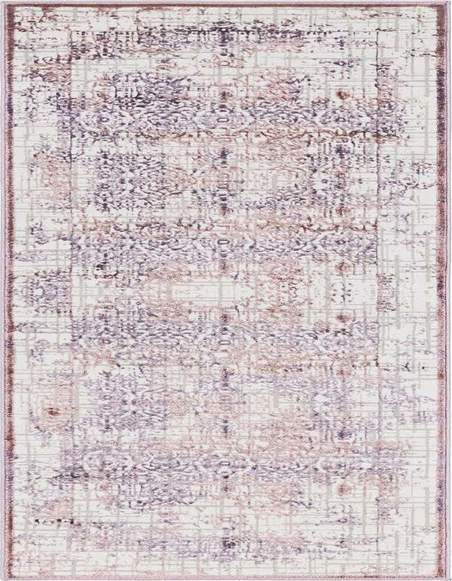 A long 8 ft runner rug featuring a distressed traditional pattern in shades of purple and beige on a light background, ideal for a hallway.