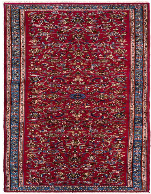 A 12 Ft runner rug featuring a detailed Persian floral pattern in shades of purple, blue, and gold on a deep red background, ideal for a hallway.
