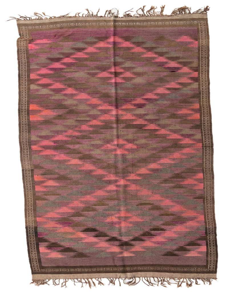 A 12 ft runner rug in shades of purple, pink, and brown with a tribal geometric pattern and fringe.