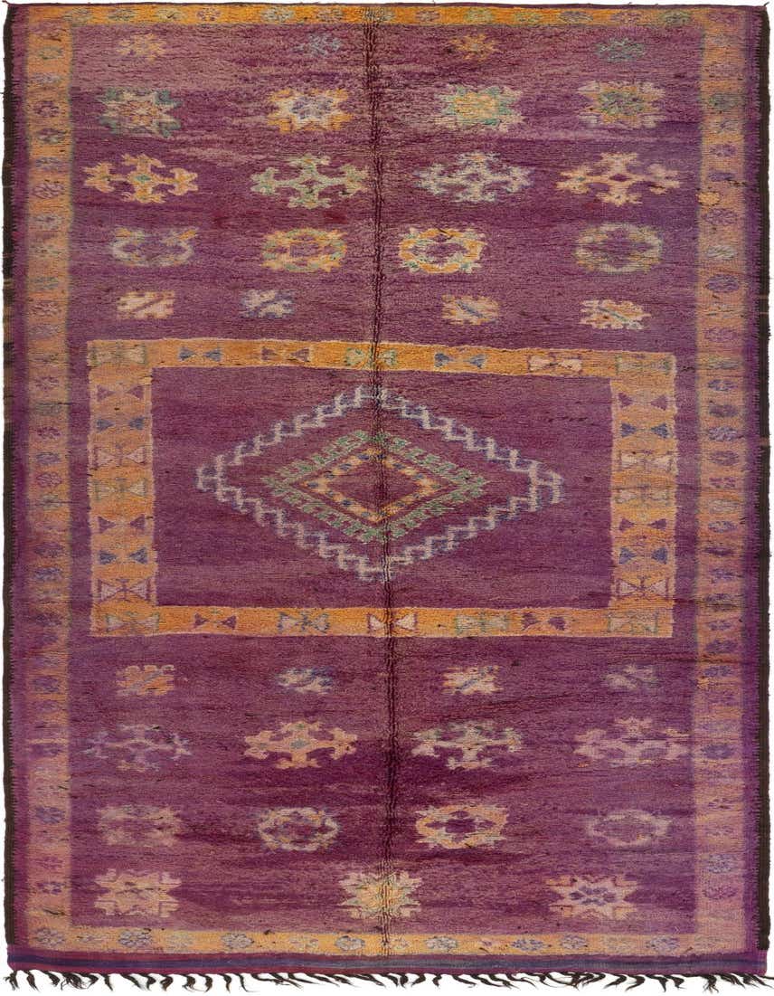 A 16 ft purple wool runner rug with a central medallion and tribal patterns in orange, green, and blue.