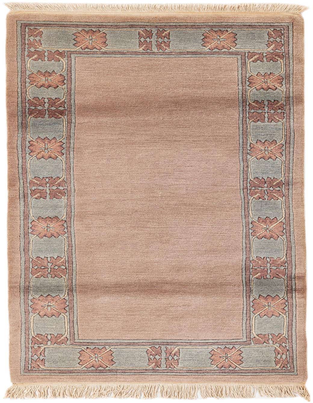 A 6 ft runner rug with a solid purple center and a light blue border featuring floral motifs in purple and orange.