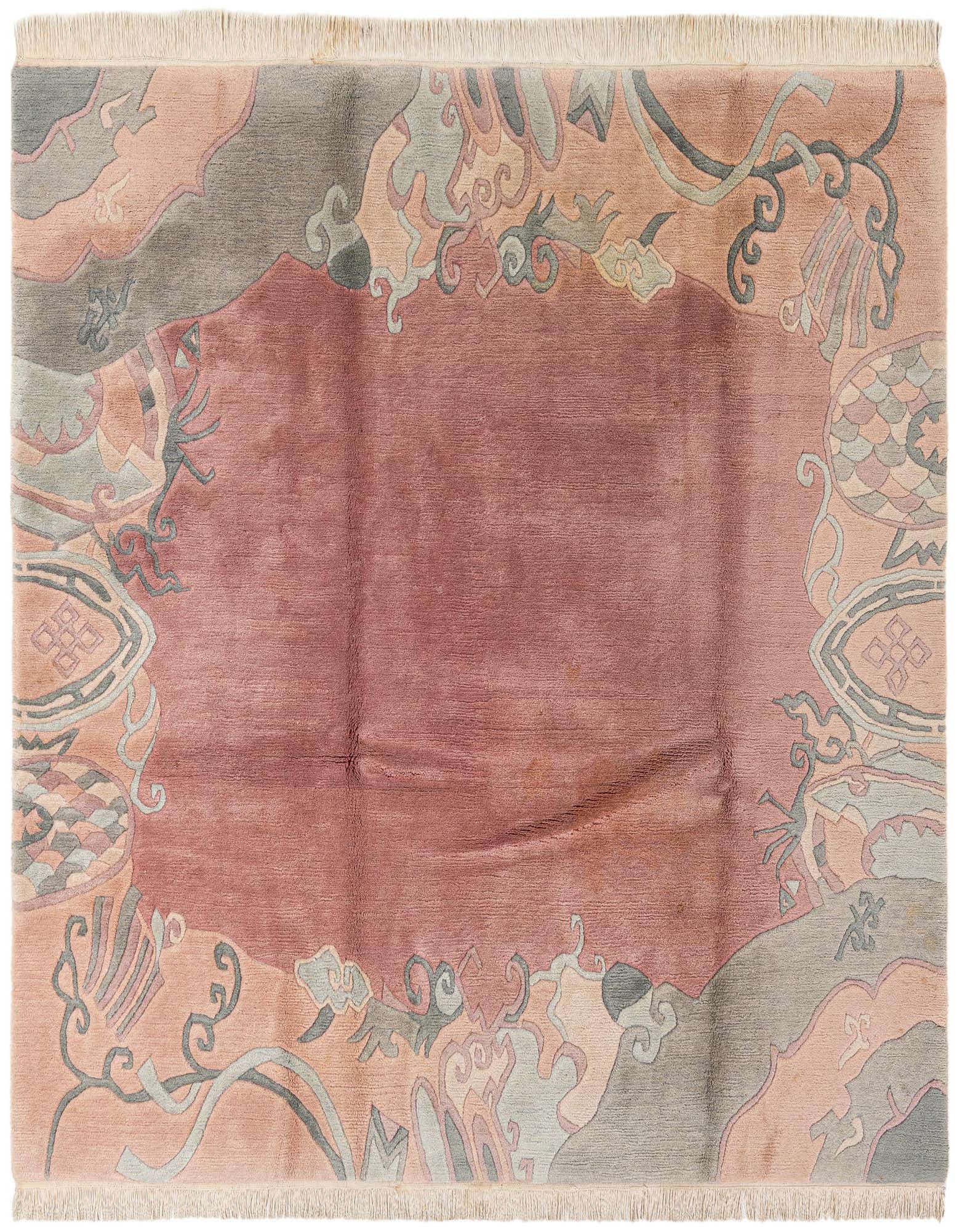 A 6' 7 x 6' 7 square purple wool rug with a modern oriental abstract border in peach, gray, and light blue.