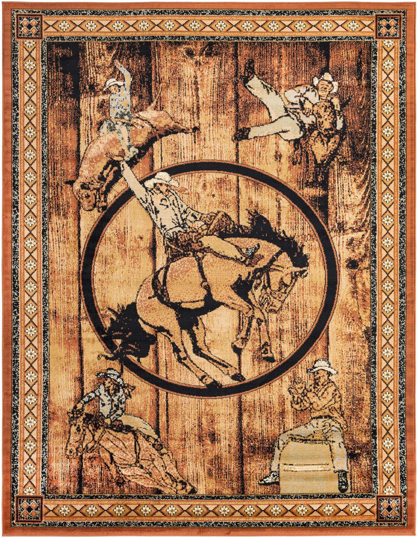 A 7x10 rectangular Pioneer Collection rug featuring a brown and tan wood panel background with rodeo cowboys and horses in action, bordered by orange and tan geometric patterns.