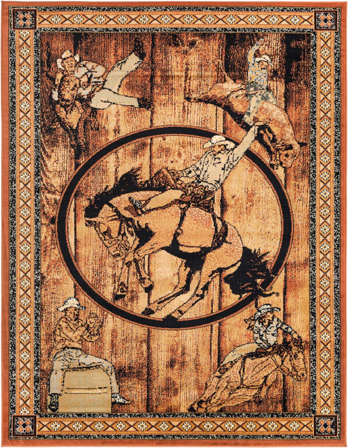 A 6x9 rectangular Pioneer rug featuring a rodeo scene with cowboys riding a bucking horse and bull, set against a wood-grain background with an orange and black border.