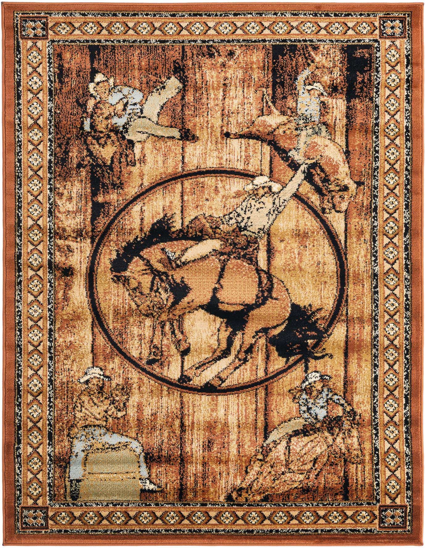 A 4x6 rectangular brown and tan rug featuring a Western rodeo scene with cowboys on bucking broncos and sitting around.