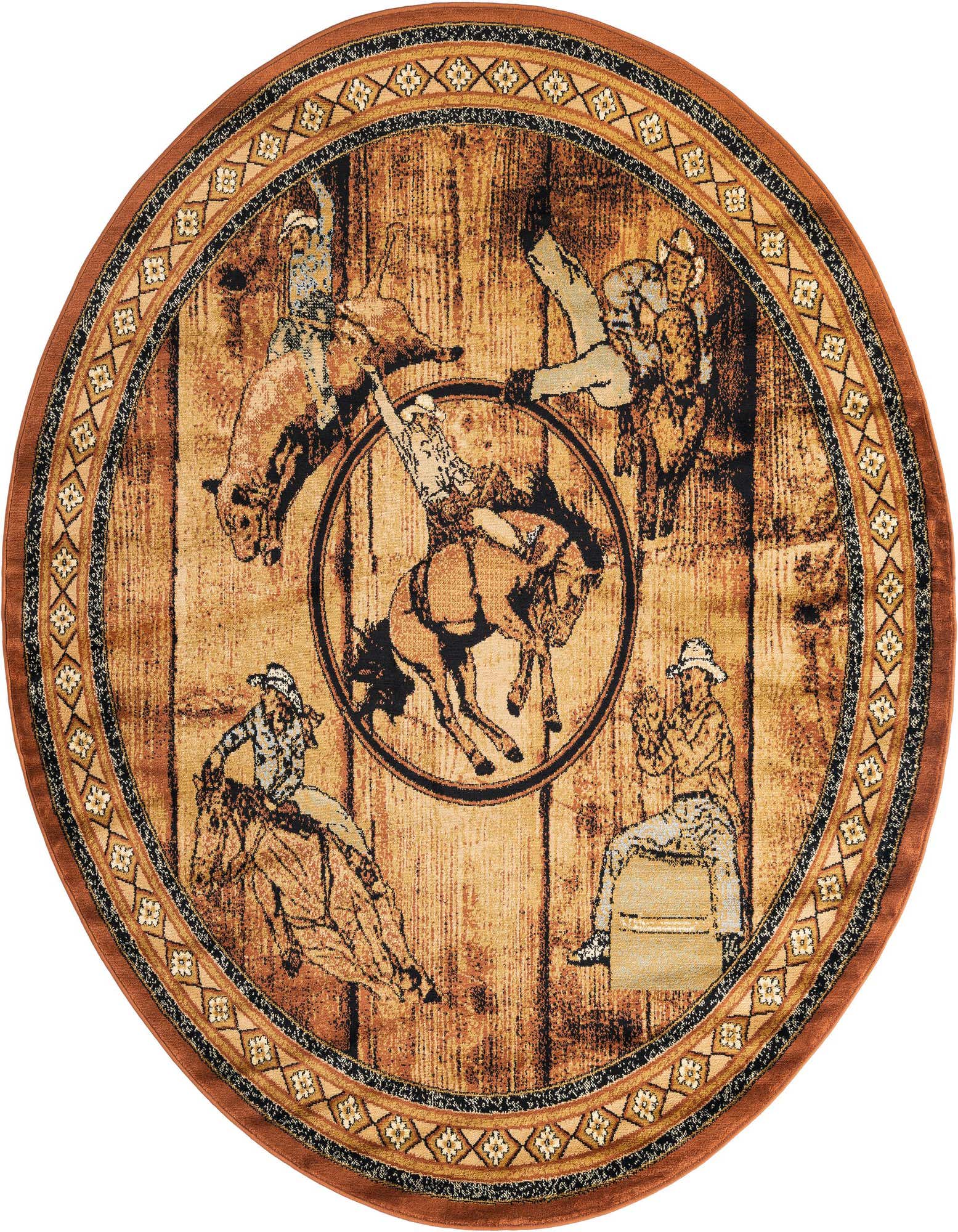 Round brown rug with a rustic wood plank pattern and rodeo cowboy scenes, bordered by geometric designs.