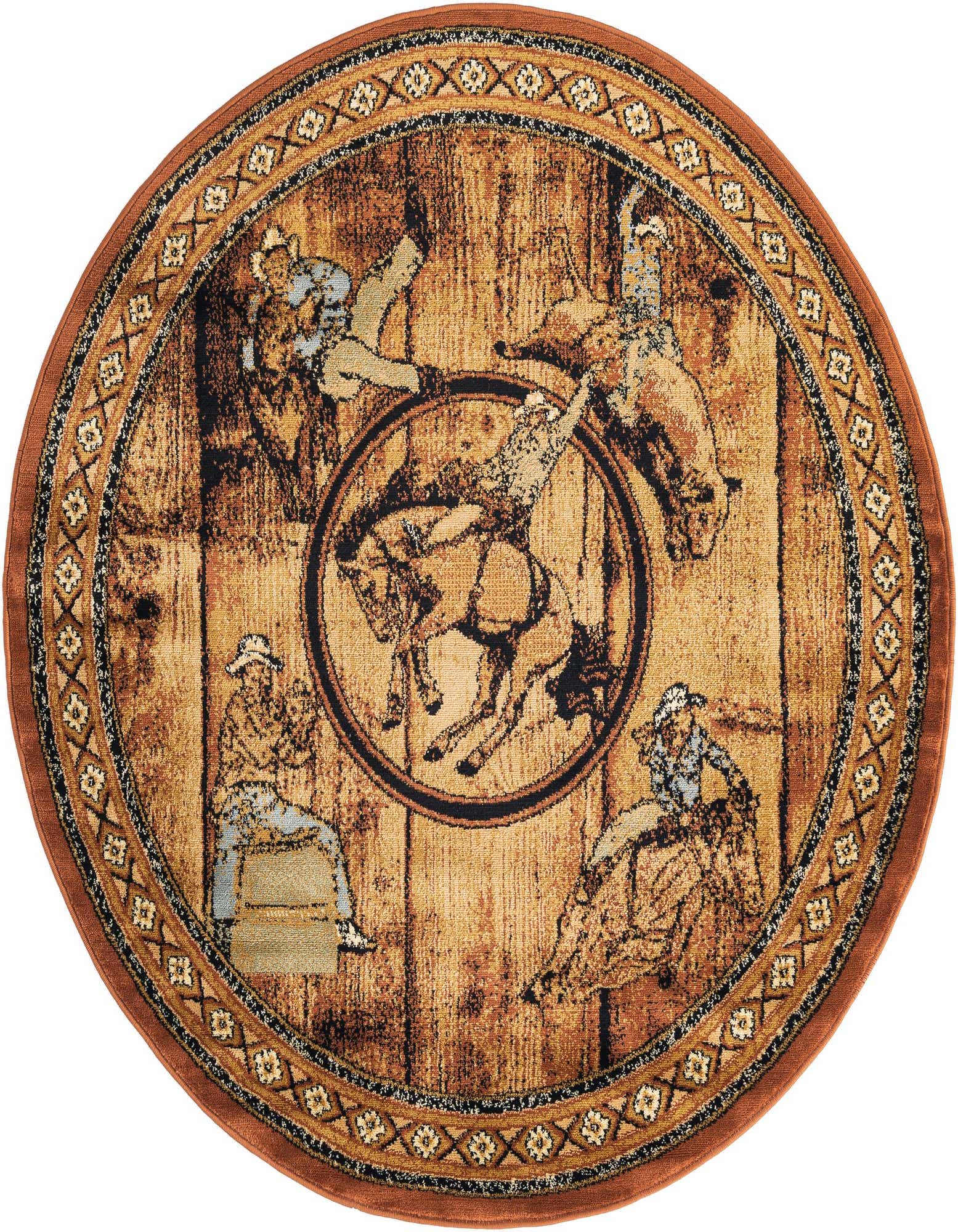 Round Pioneer rug with a brown wood plank pattern and rodeo scenes featuring cowboys and bucking horses, bordered by a western motif.