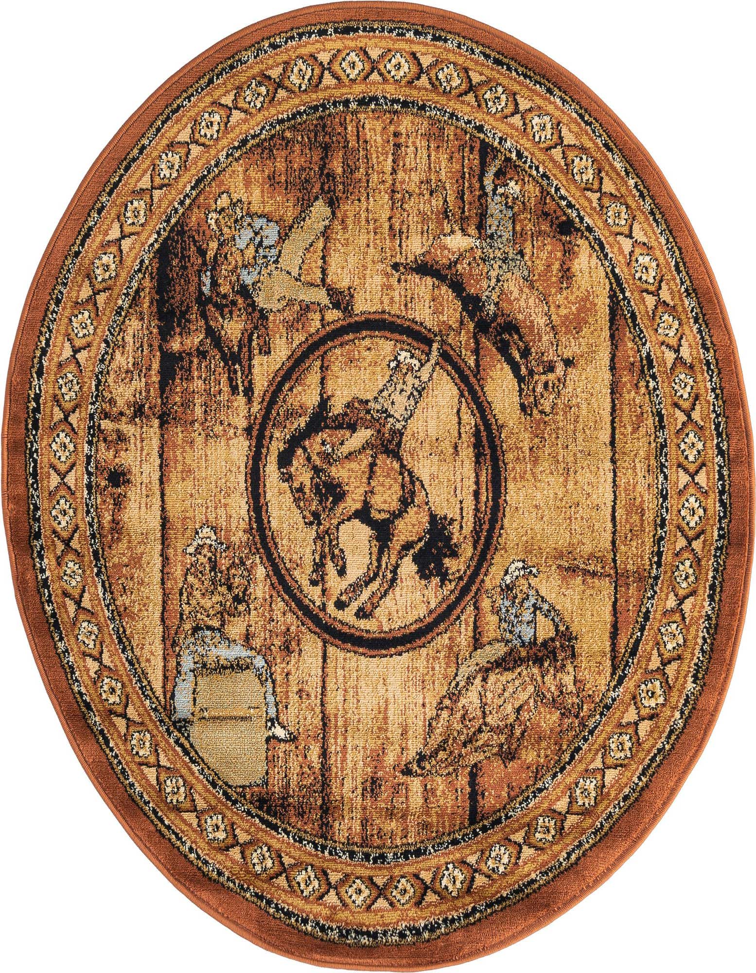 Round brown rug with a western rodeo theme, featuring cowboys riding bucking broncos and sitting on barrels, surrounded by a patterned border.