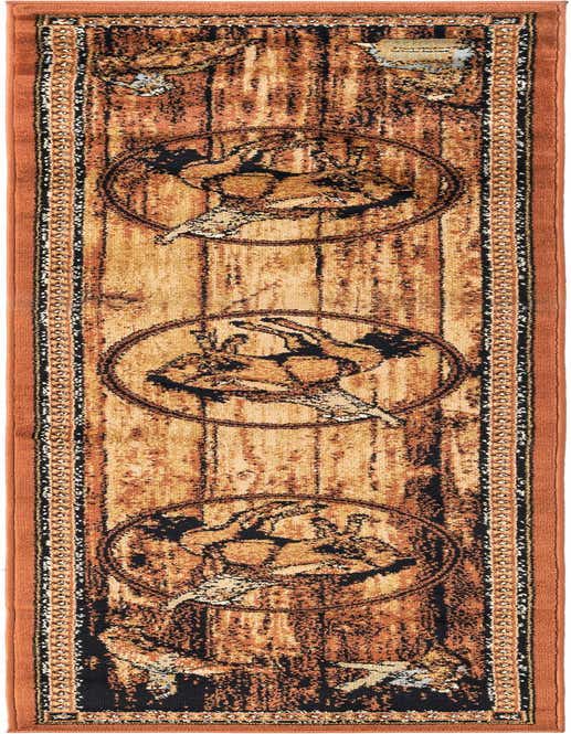 A long 8 ft runner rug with a rustic wood plank pattern in browns and tans, featuring three circular medallions with deer silhouettes, bordered by a thin orange edge.
