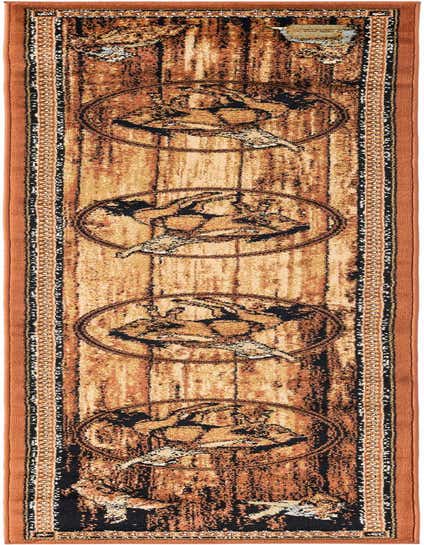A 10 ft runner rug with a rustic wood plank pattern in varying shades of brown and tan, featuring circular motifs with deer and bear silhouettes, bordered by an orange edge.