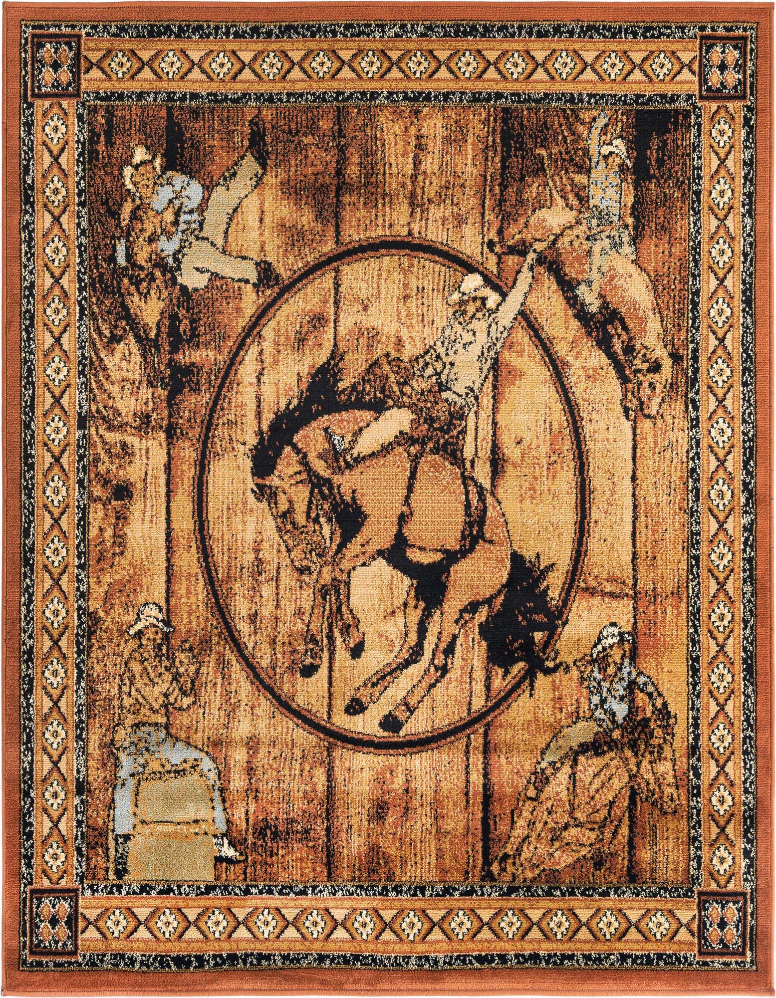 Square rug with a rustic wood plank background and rodeo scenes, featuring cowboys on bucking horses and spectators, framed by a patterned border.