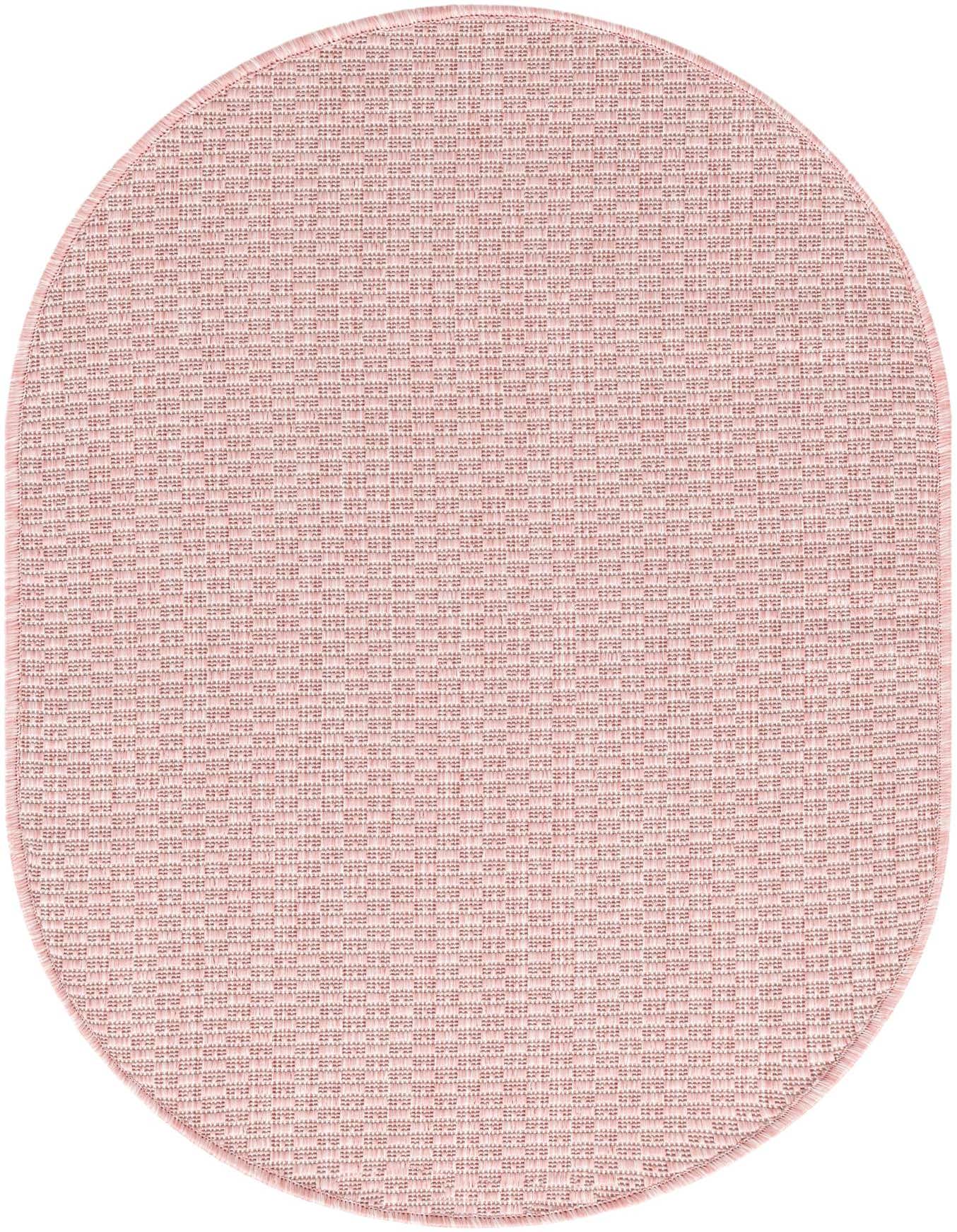 A 2'x3' oval pink flatweave rug with a subtle textured pattern, suitable for indoor or outdoor use.