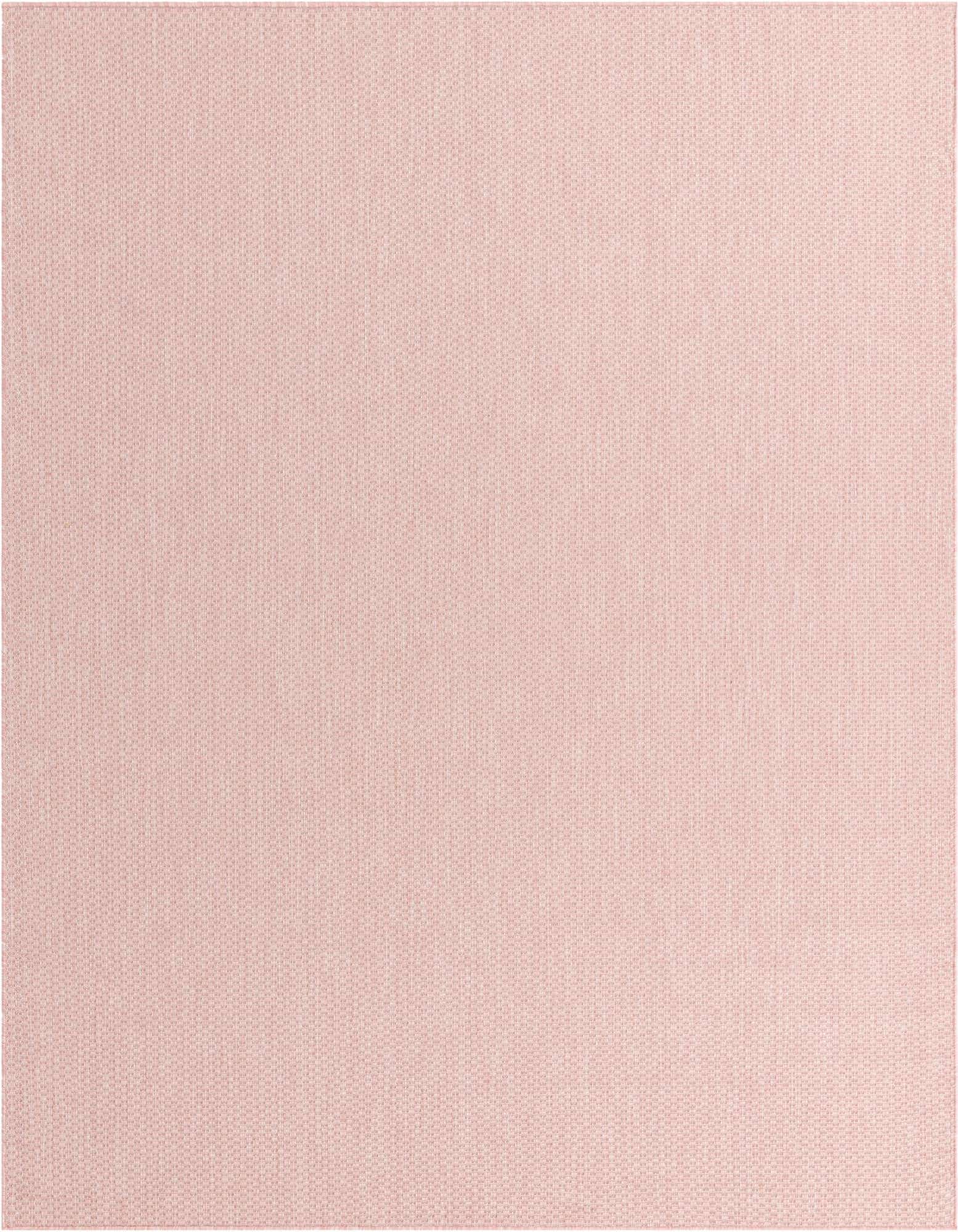 A large 8x10 rectangular pink flatweave rug with a subtle textured modern pattern, suitable for indoor or outdoor spaces.
