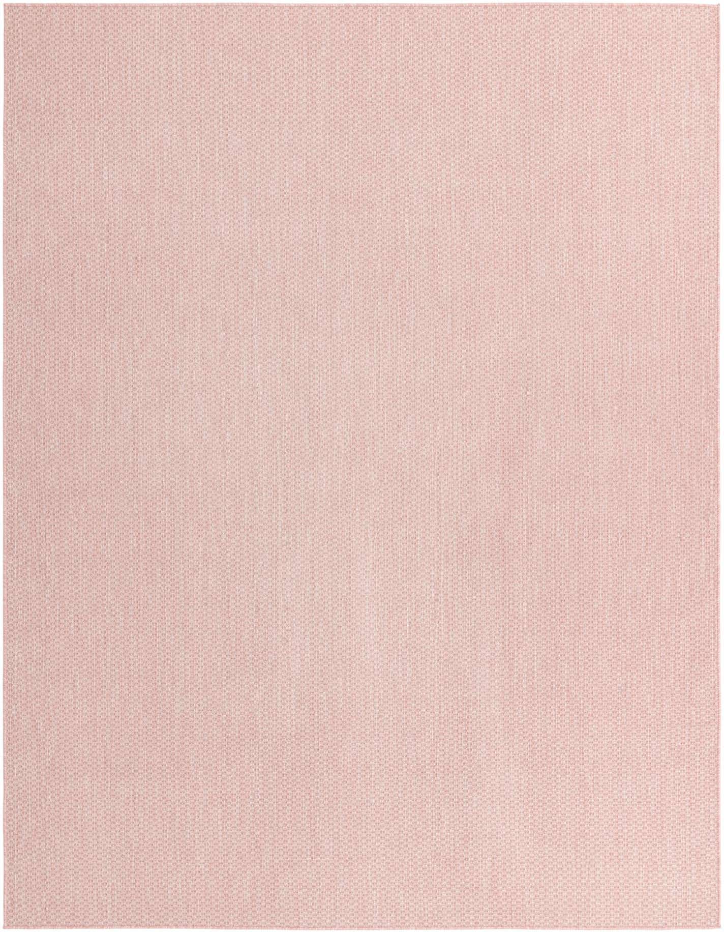 A large 8x11 rectangular pink flatweave rug with a subtle textured modern pattern, suitable for indoor or outdoor use.