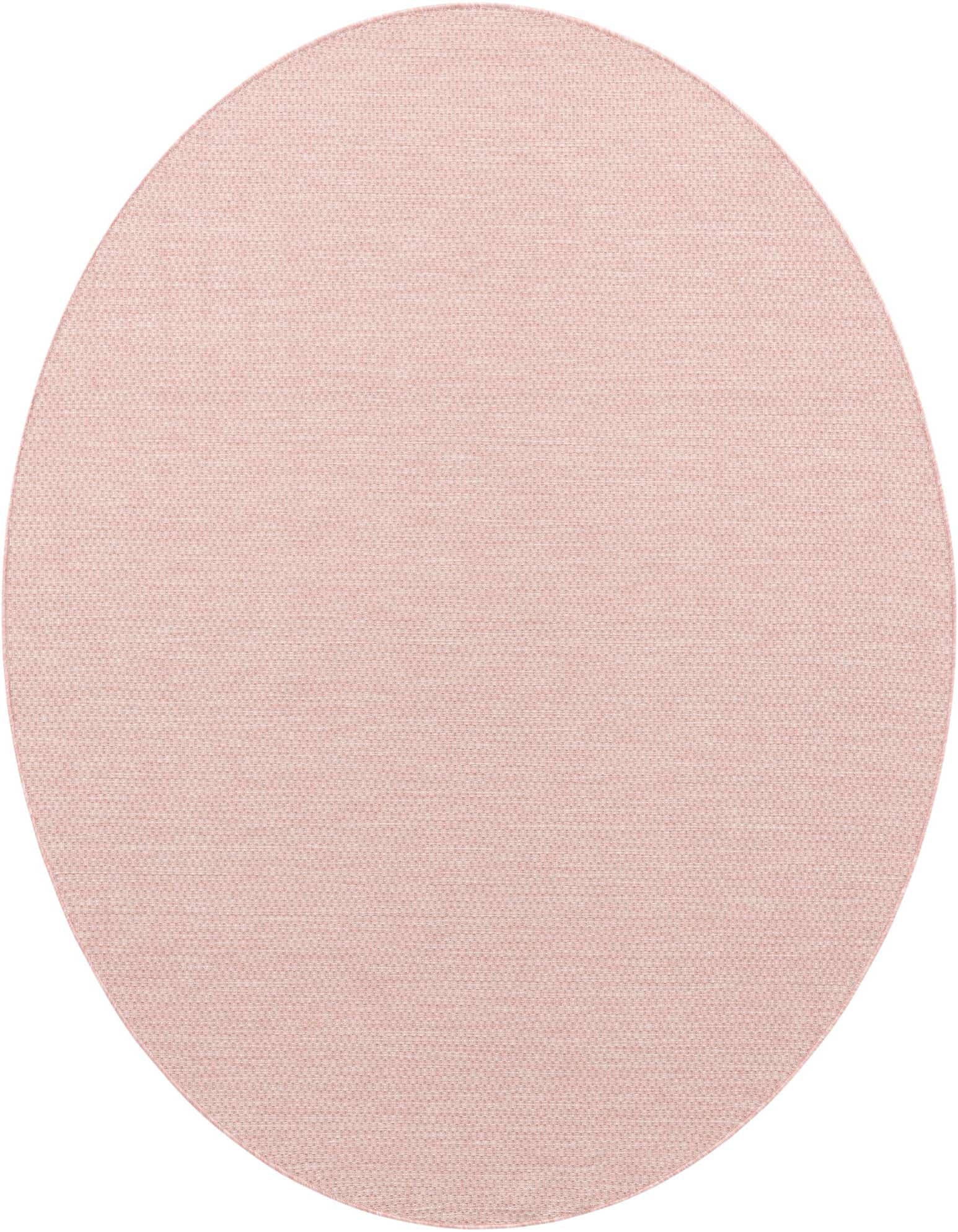 A 7' 10" round flatweave rug in a solid light pink color, suitable for indoor or outdoor spaces.