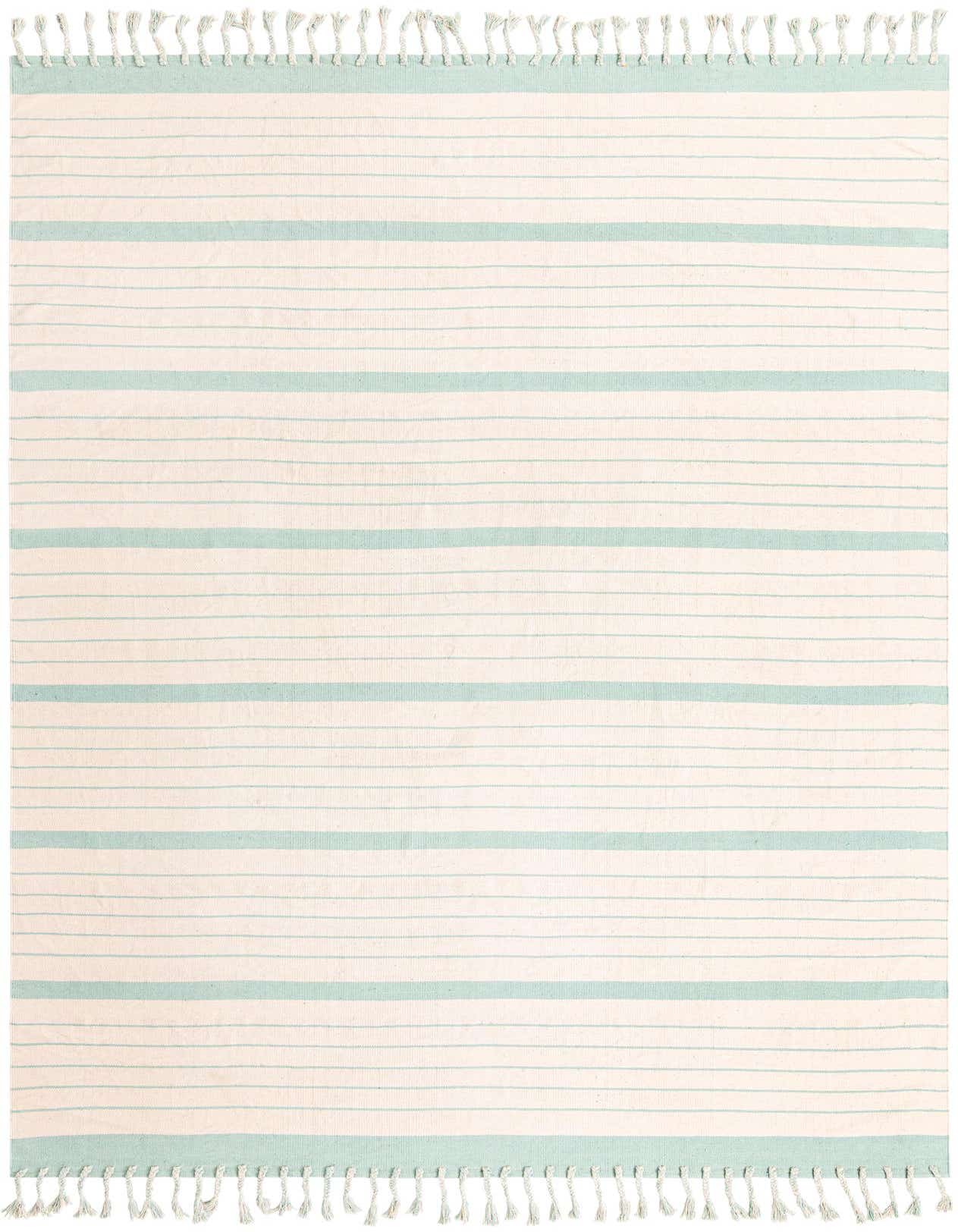 A 10x14 rectangular white and aqua striped cotton flatweave rug with tassels, suitable for a living room or bedroom.