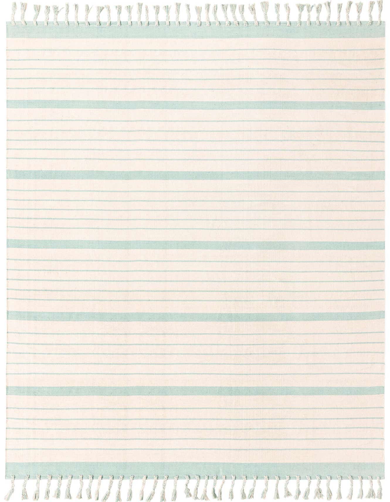 A 9x12 rectangular Chindi Cotton rug featuring white and aqua stripes with fringed ends, ideal for a living room.