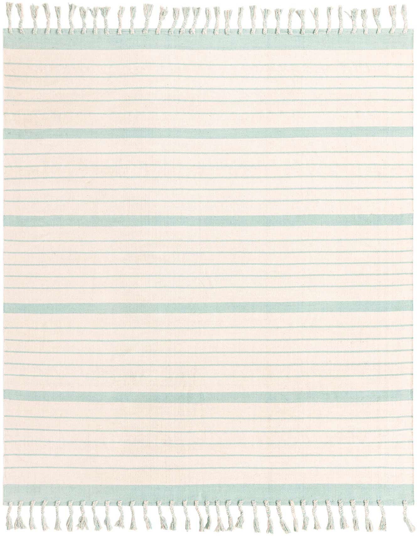 A rectangular 8x10 white and aqua striped flatweave cotton rug with tassels, suitable for a living room.