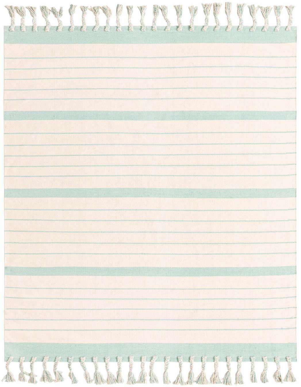 A 5x8 rectangular Chindi Cotton rug in white and aqua, featuring thin and thick horizontal stripes and tasseled ends.