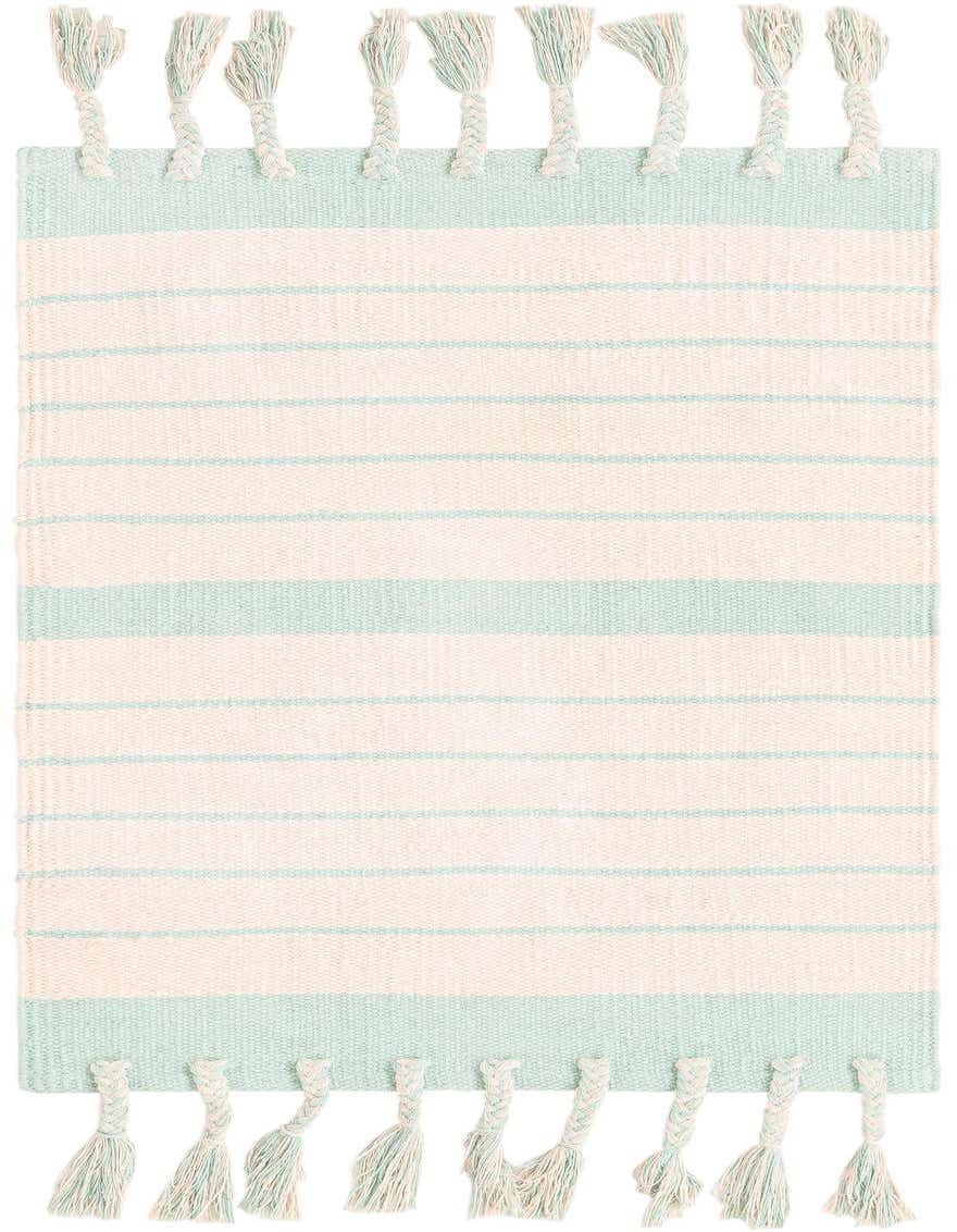 A 2x3 rectangular white and aqua striped flatweave cotton rug with braided tassels on both ends.