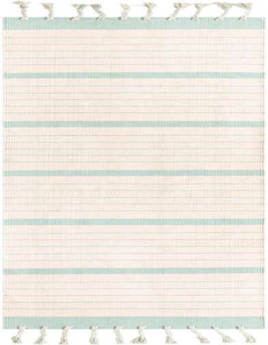 A 12 ft white and aqua striped cotton runner rug with tassels on a white background, ideal for a hallway.