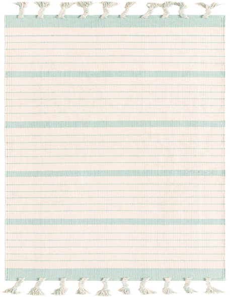 A 10 ft runner rug in white and aqua, featuring thin and thick horizontal stripes and braided tassels on both ends, perfect for a hallway.