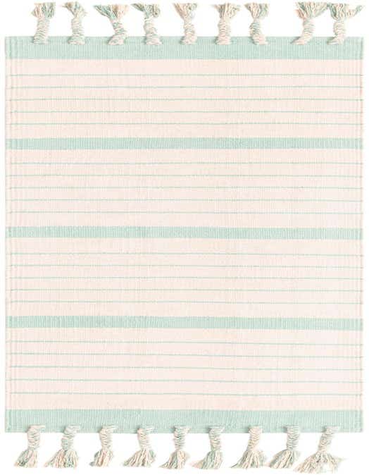 White and aqua striped cotton runner rug with braided tassels, perfect for a hallway or kitchen.