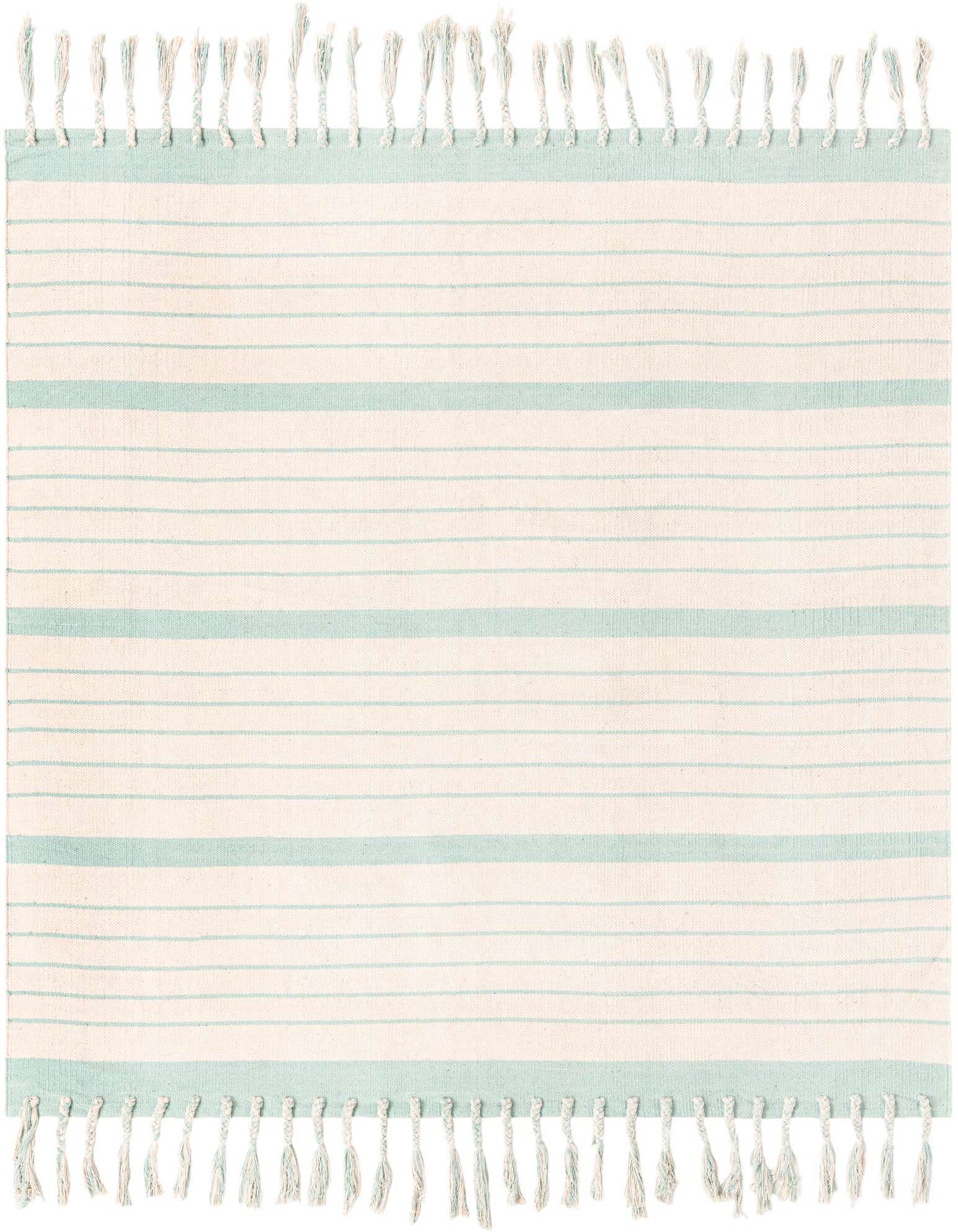 A 7' 1 x 7' 1 square Chindi Cotton rug in white and aqua, featuring thin horizontal stripes and fringed edges.