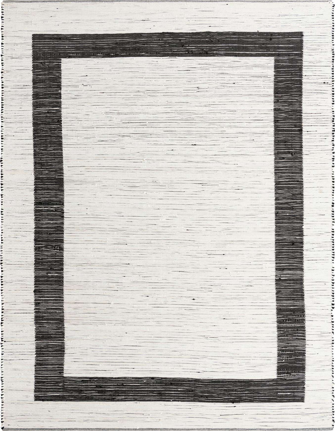 A 10x14 rectangular black and ivory flatweave rug with a bold black border on a cream background, showcasing its textured, handmade cotton and jute fibers.