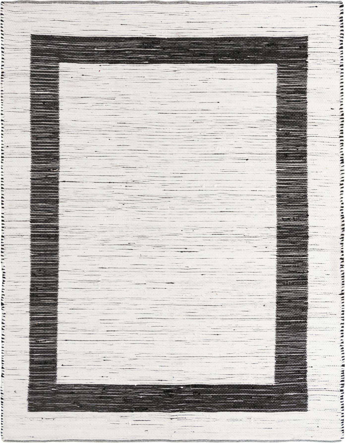 A 9x12 rectangular Chindi Jute rug in black and ivory, featuring a wide black border on an ivory flatweave background.