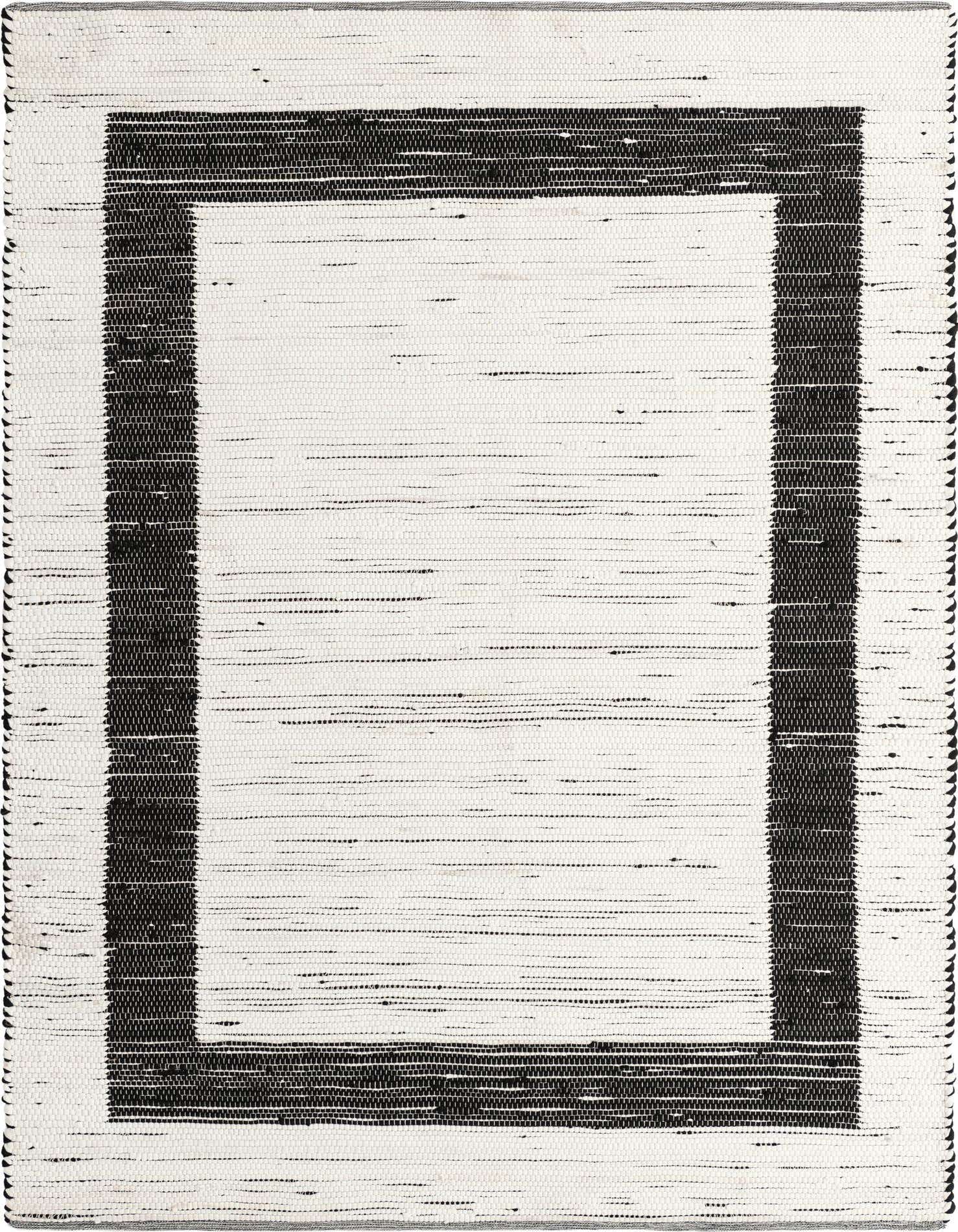 A rectangular 8x11 black and ivory Chindi Jute rug with a bold black border on a cream background, suitable for a living room.