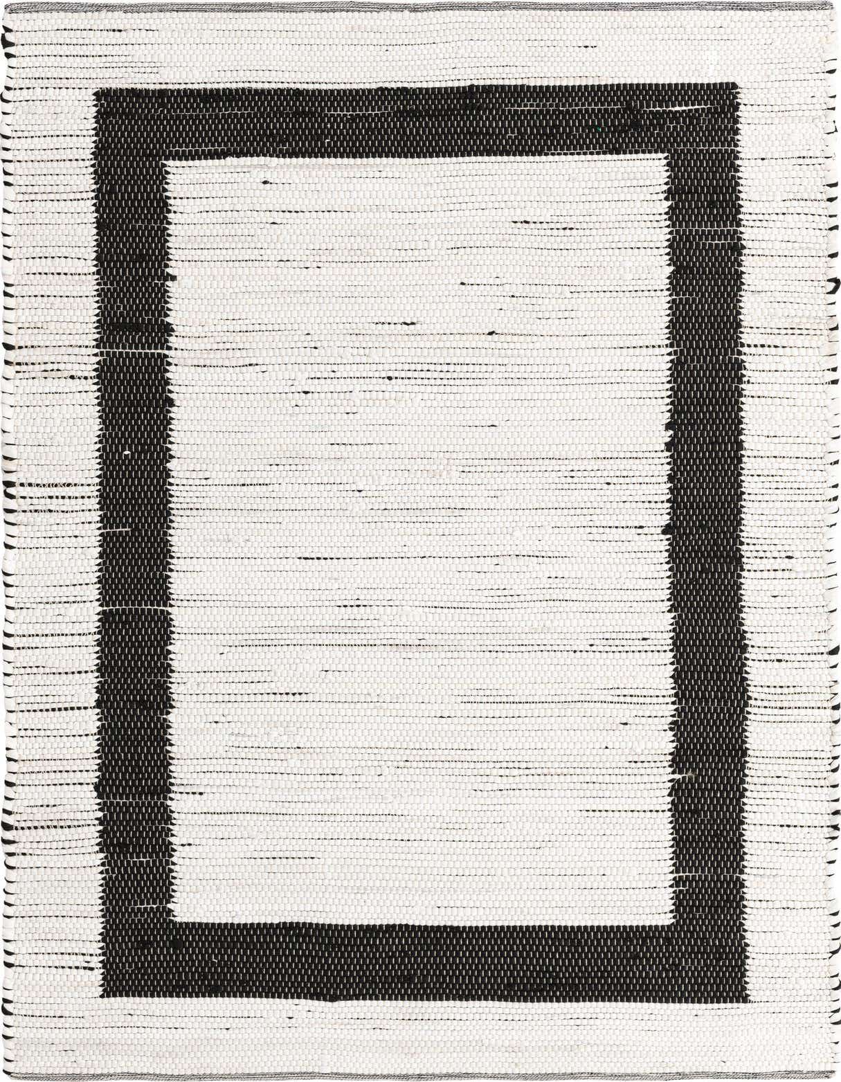 A 5x8 rectangular black and white flatweave rug with a bold black border on an ivory field, perfect for a modern living room.