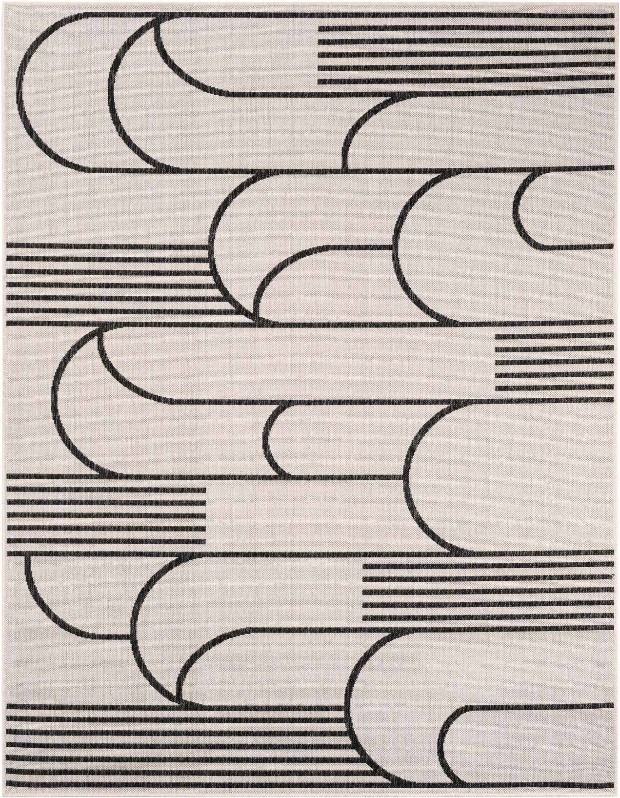 A 5x8 rectangular black and ivory modern rug with a bold, abstract geometric pattern of curved lines and horizontal stripes, suitable for indoor or outdoor use.