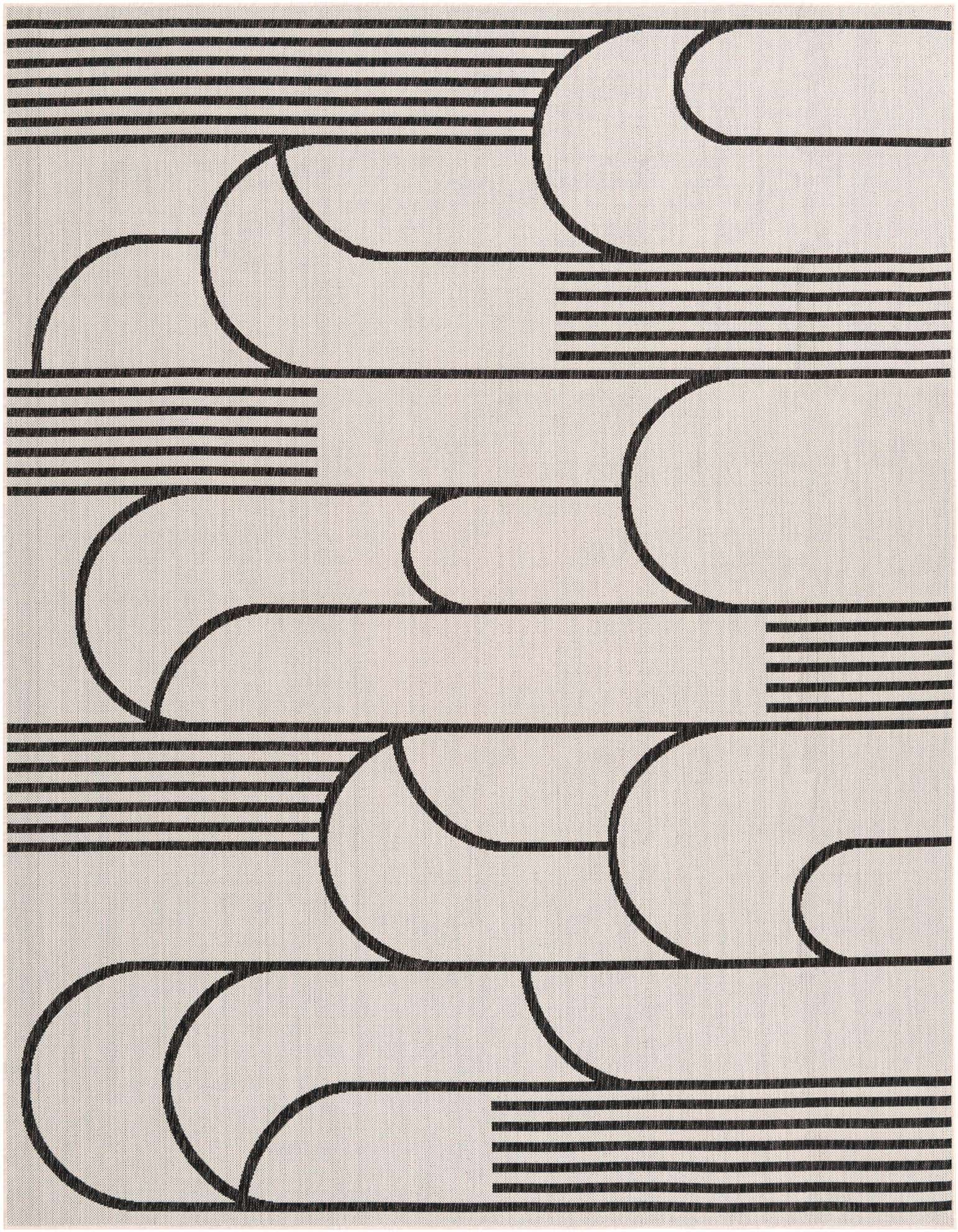 A rectangular 8x10 black and ivory modern rug featuring a bold geometric pattern with curved and striped lines.