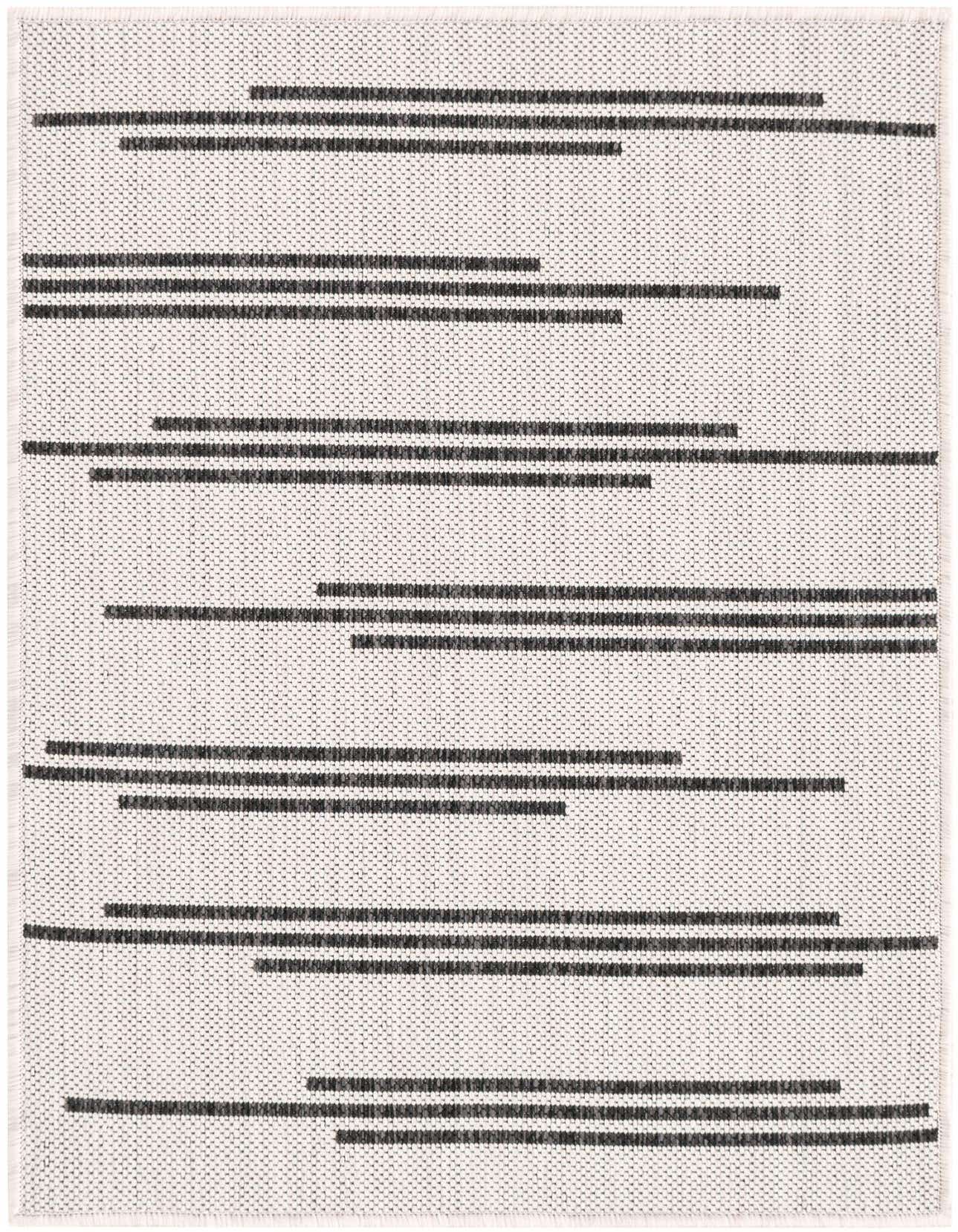 A 2x3 rectangular Rugs.com Outdoor Modern rug featuring a minimalist pattern of horizontal black stripes on an ivory flatweave background.