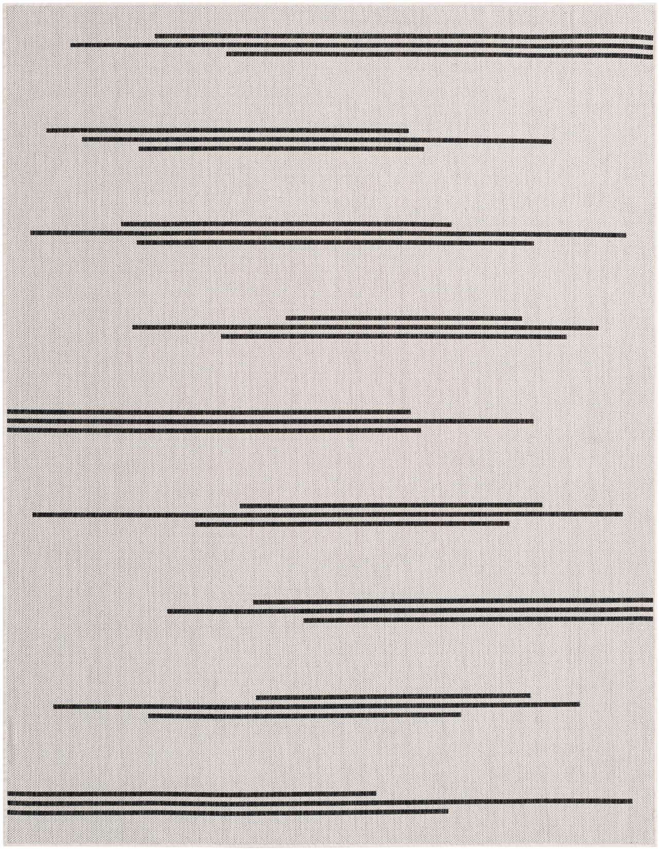 A 5x8 rectangular indoor/outdoor rug with a minimalist pattern of horizontal black stripes on an ivory background.