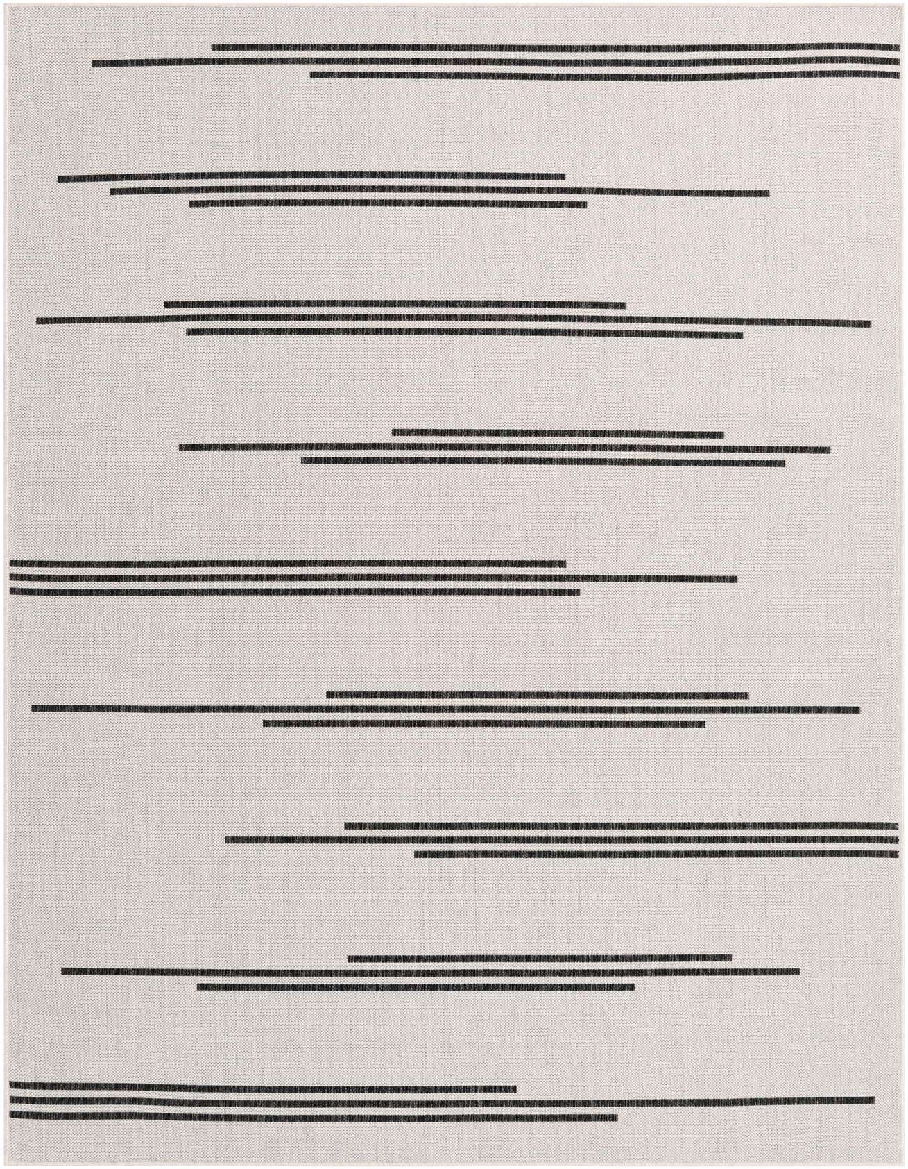 A 6x9 rectangular Rugs.com Outdoor Modern rug featuring a minimalist pattern of horizontal black stripes on an ivory background.