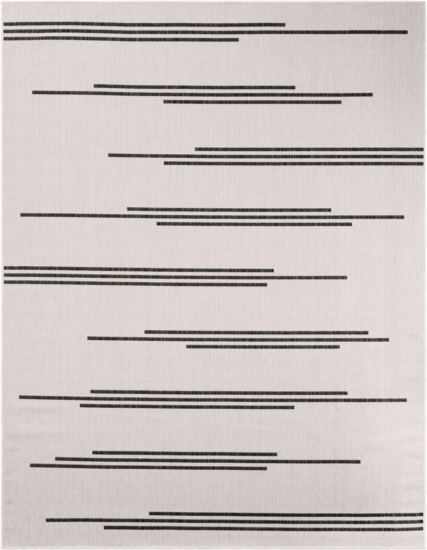 A 7x10 rectangular flatweave rug featuring a minimalist pattern of horizontal black stripes on an ivory and white background, suitable for indoor or outdoor use.