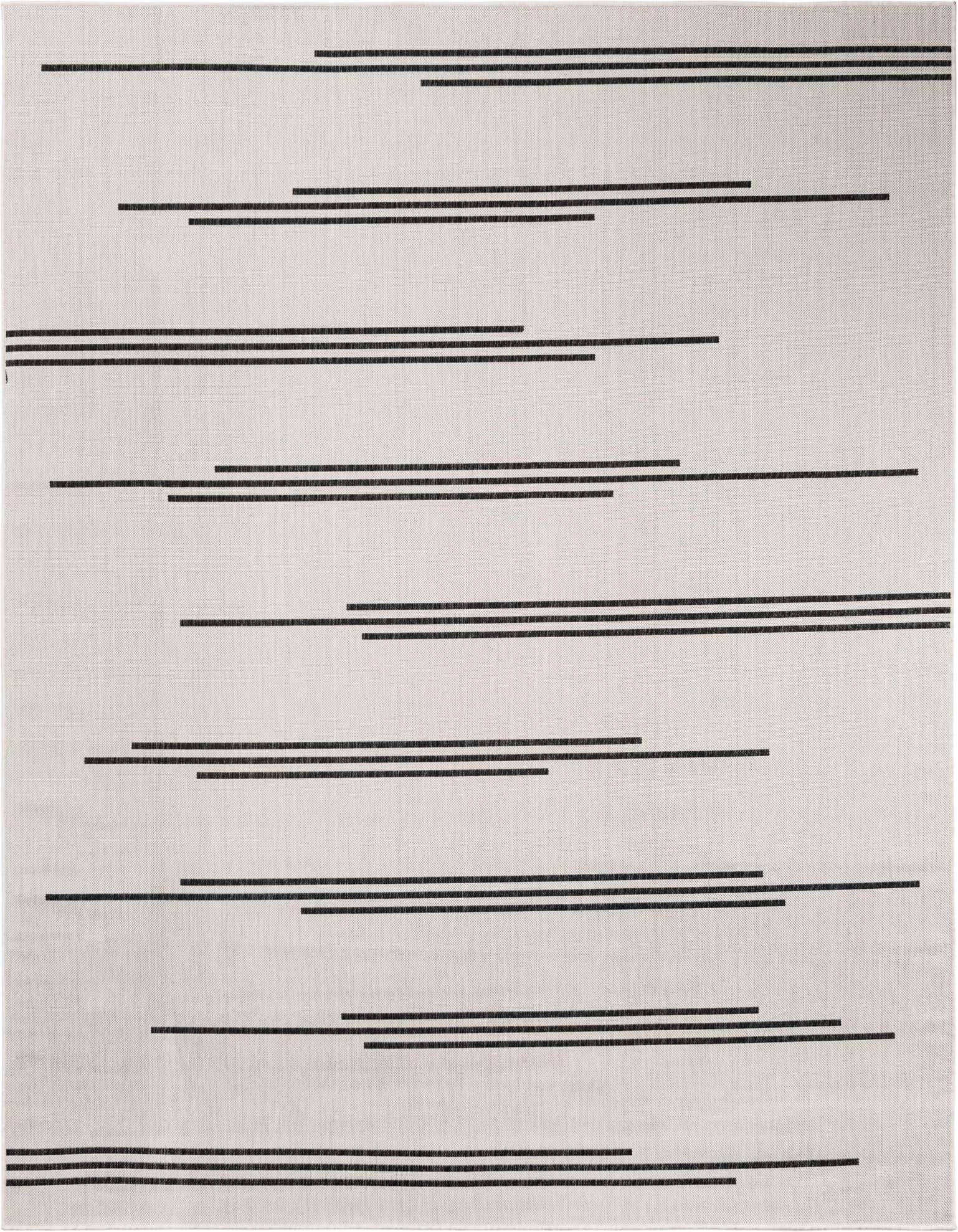 A rectangular 8x10 black and ivory modern flatweave rug with a minimalist stripe pattern, suitable for indoor or outdoor use.