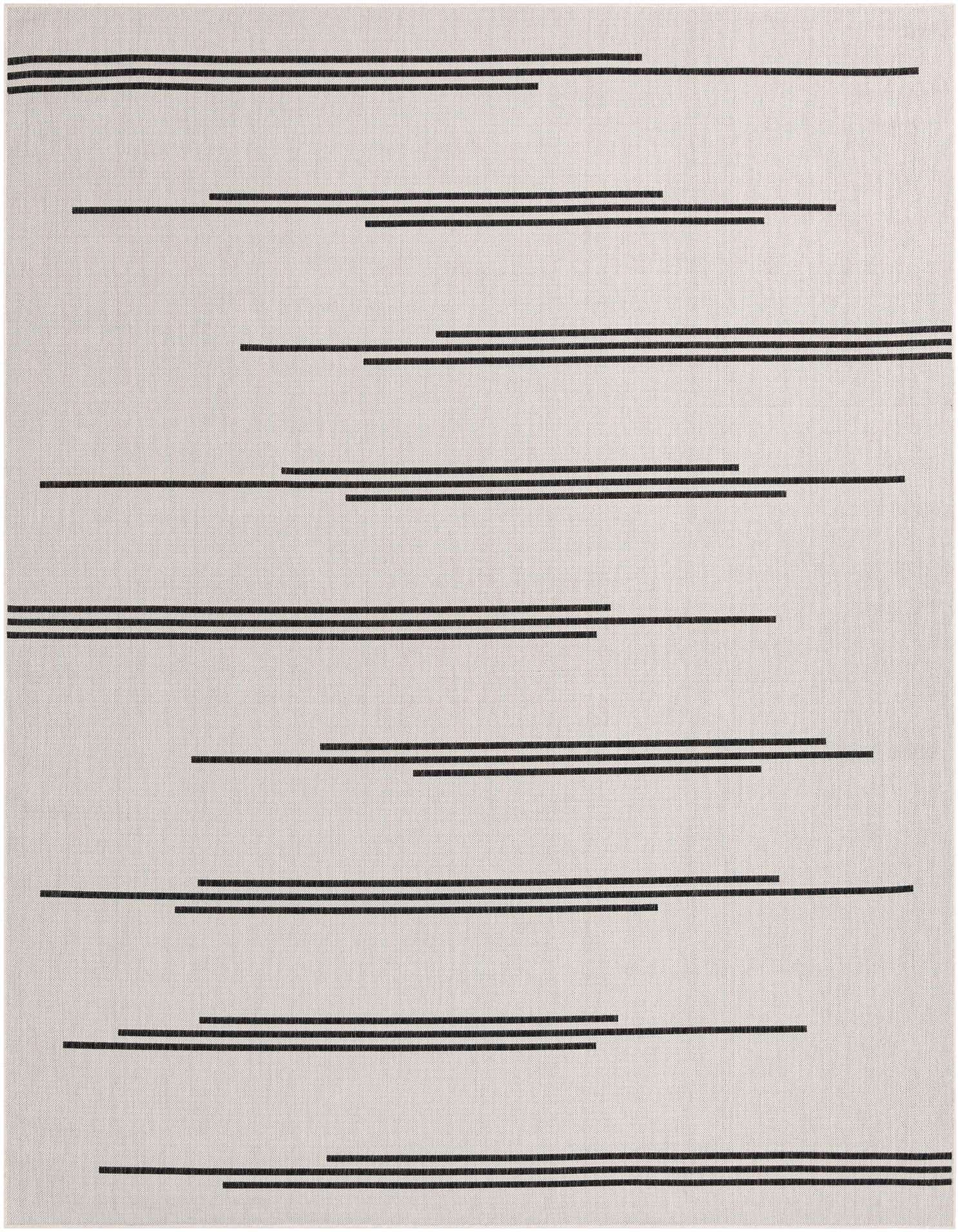 A 9x12 rectangular indoor/outdoor rug featuring a minimalist pattern of horizontal black stripes on an ivory background.